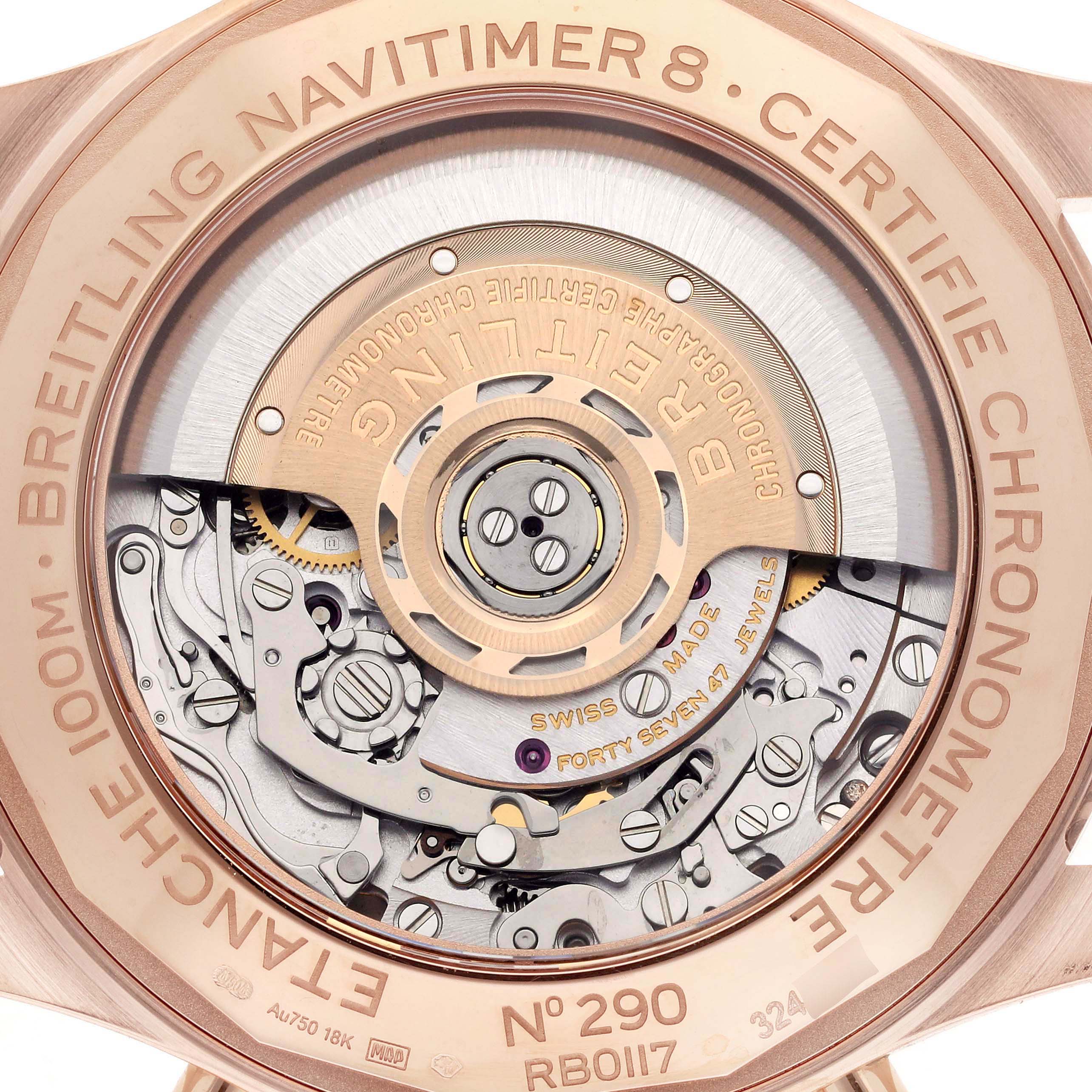 The image shows a close-up of the Breitling Aviator RB0117131Q1P1 Men's Rose Gold Brown Dial watch's back, featuring its exposed mechanical movement.