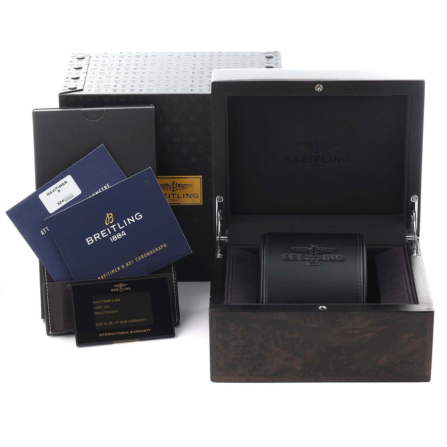 The image shows a Breitling Aviator RB0117131Q1P1 Men's Rose Gold Brown Dial watch box set, including the open case, warranty card, and booklets at a front angle.