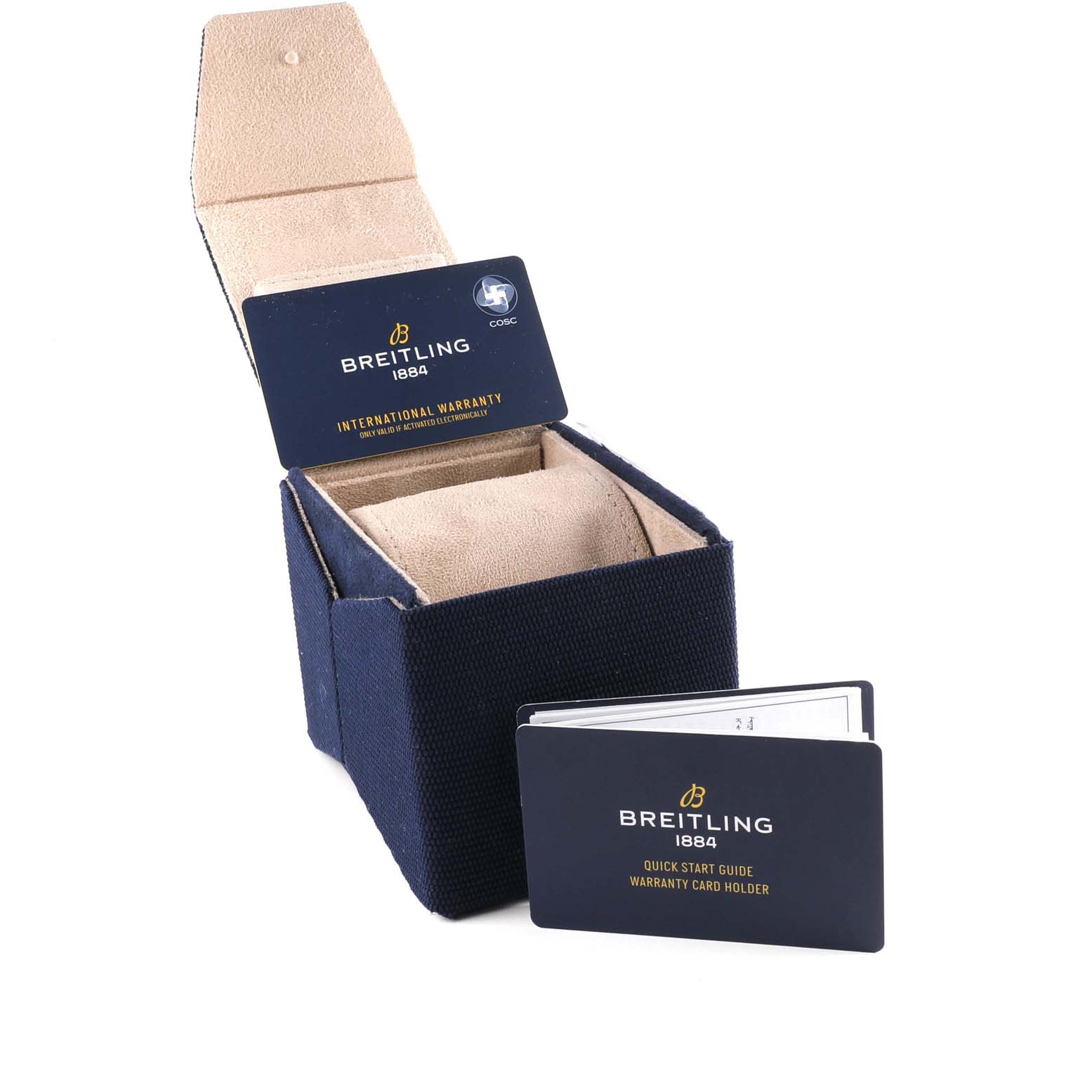 The image shows the packaging, international warranty card, and quick start guide for the Breitling Navitimer AB0138 Men
s Stainless Steel Blue Dial AB0138 Men
s Stainless Steel Blue Dial model.