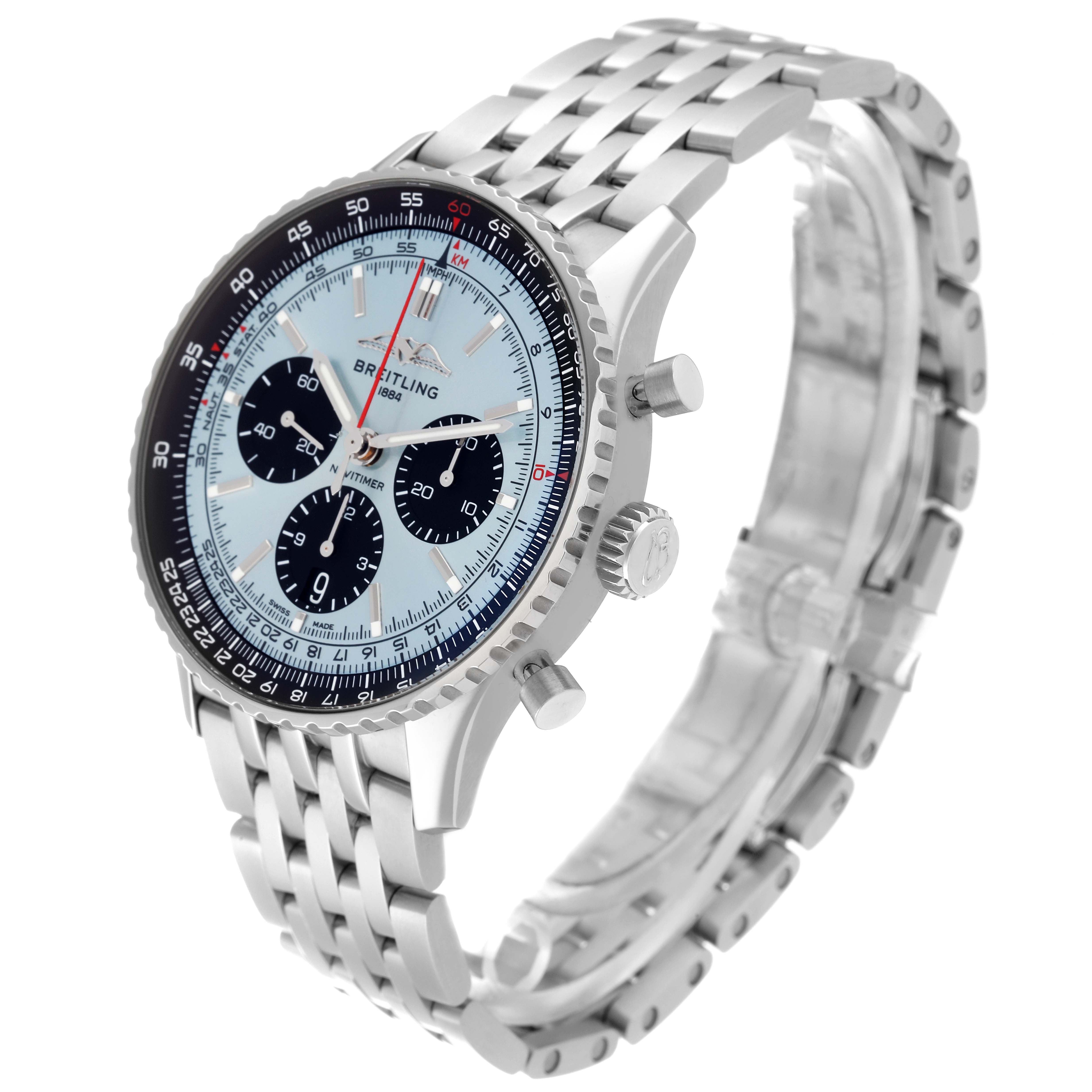 The image shows a side and angled view of a Breitling Navitimer AB0138 Men
s Stainless Steel Blue Dial AB0138 Men
s Stainless Steel Blue Dial watch, featuring the dial, bezel, crown, pushers, and bracelet.