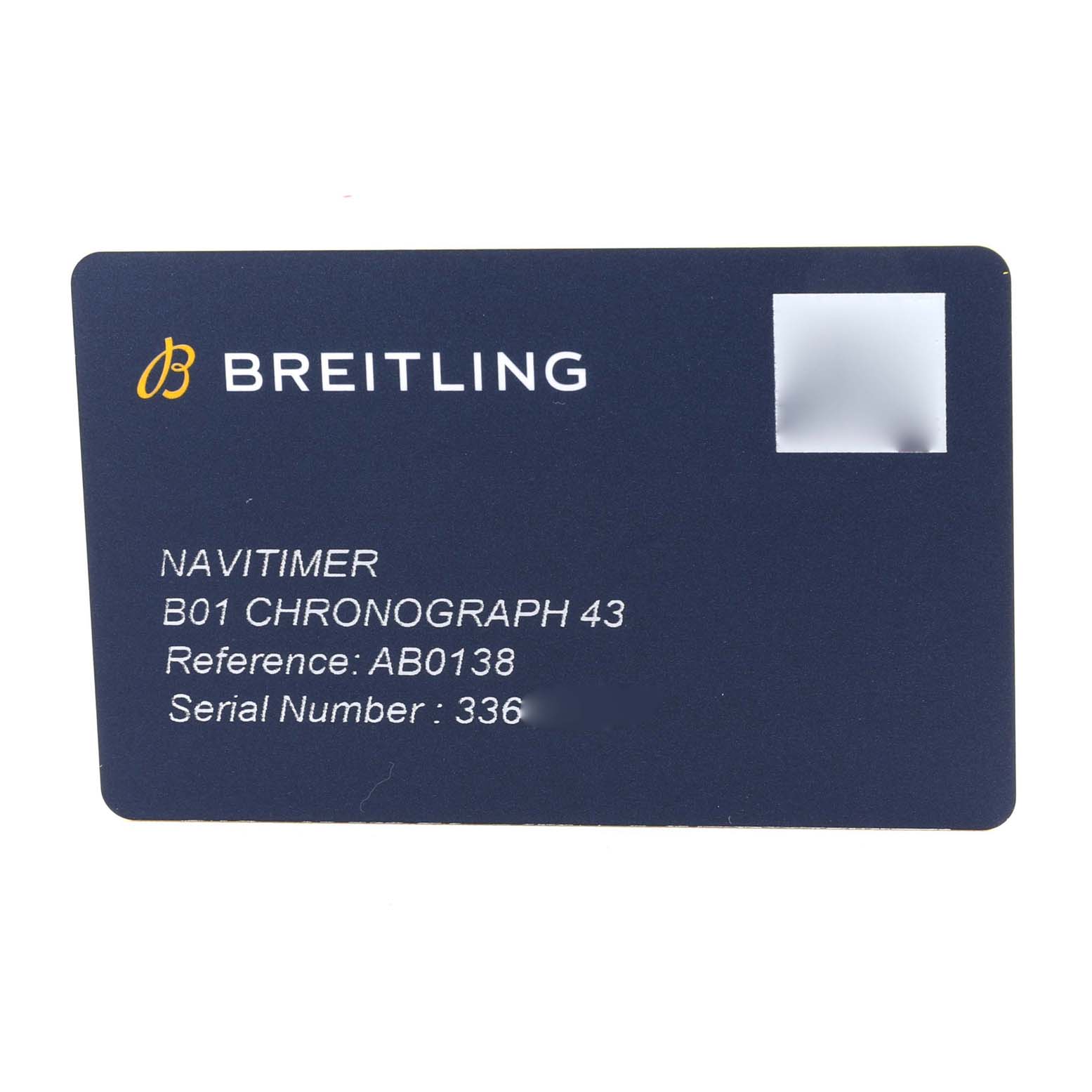 This image shows a warranty card for the Breitling Navitimer AB0138 Men
s Stainless Steel Blue Dial AB0138 Men
s Stainless Steel Blue Dial B01 Chronograph 43 watch with reference number AB0138.