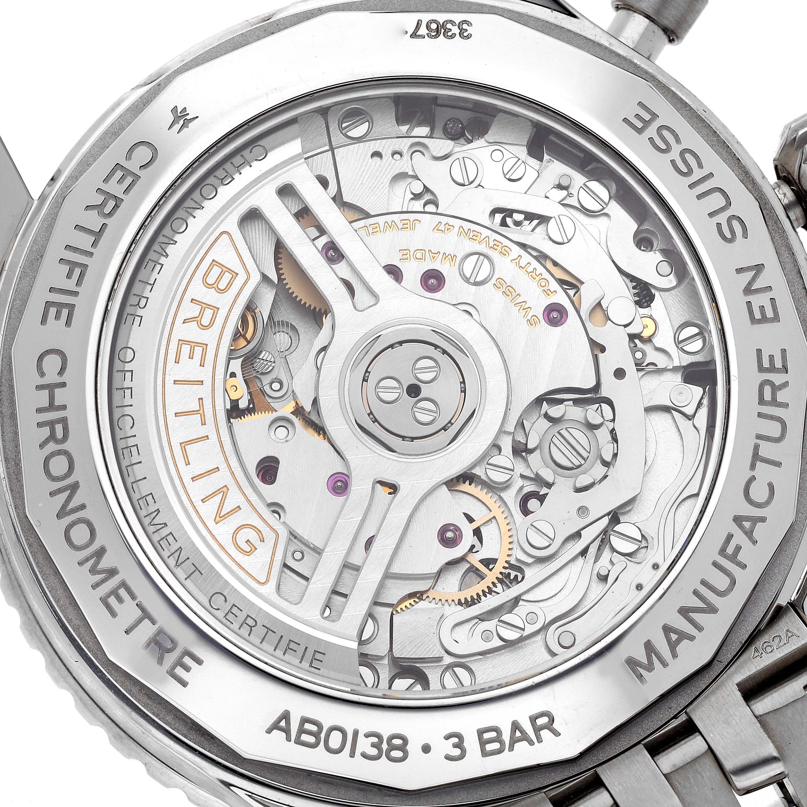 This image shows the back view of the Breitling Navitimer AB0138 Men
s Stainless Steel Blue Dial AB0138 Men
s Stainless Steel Blue Dial watch, highlighting its exposed movement and internal mechanisms.