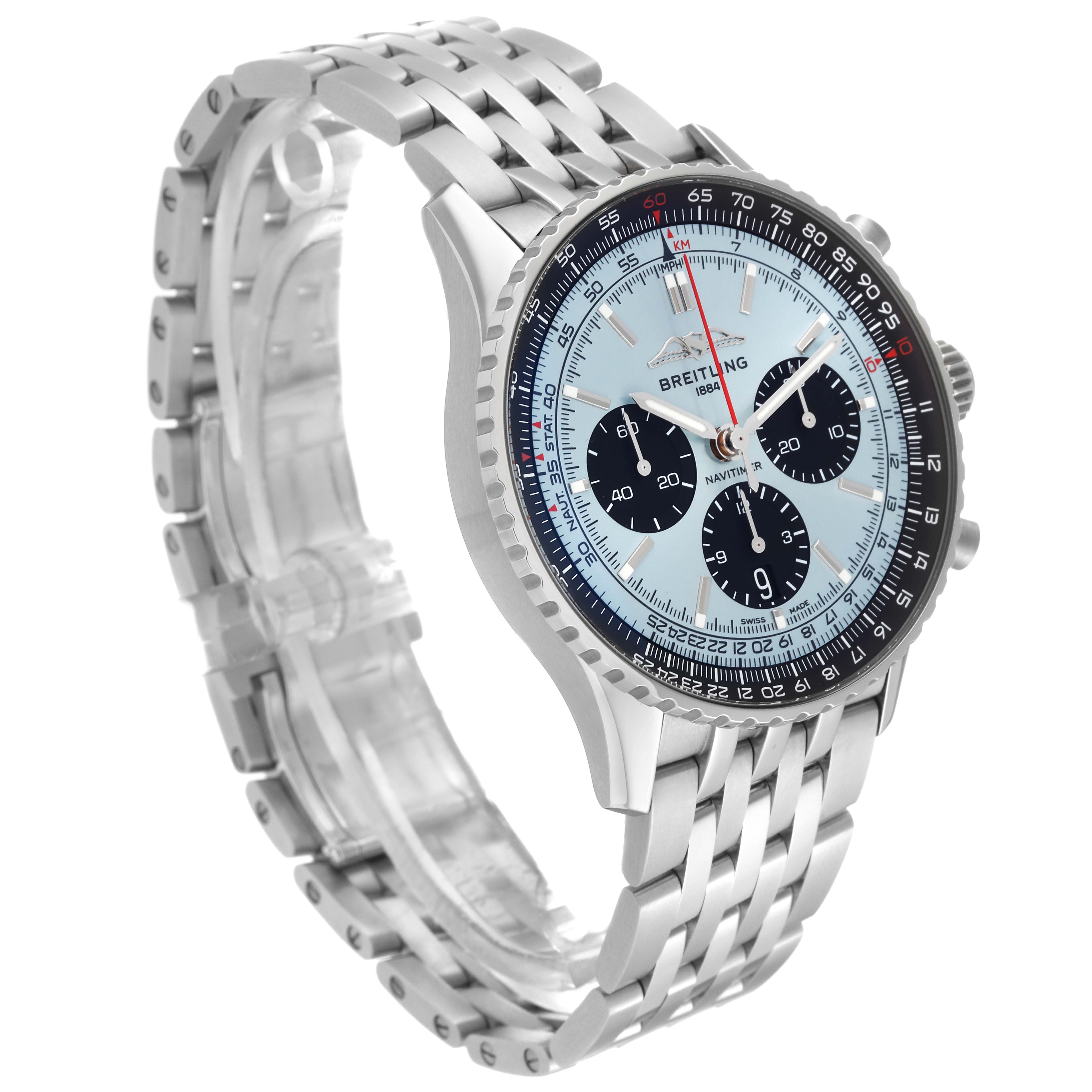 The image shows a Breitling Navitimer AB0138 Men
s Stainless Steel Blue Dial AB0138 Men
s Stainless Steel Blue Dial watch at a slight angle, highlighting its face, bezel, and metal bracelet.