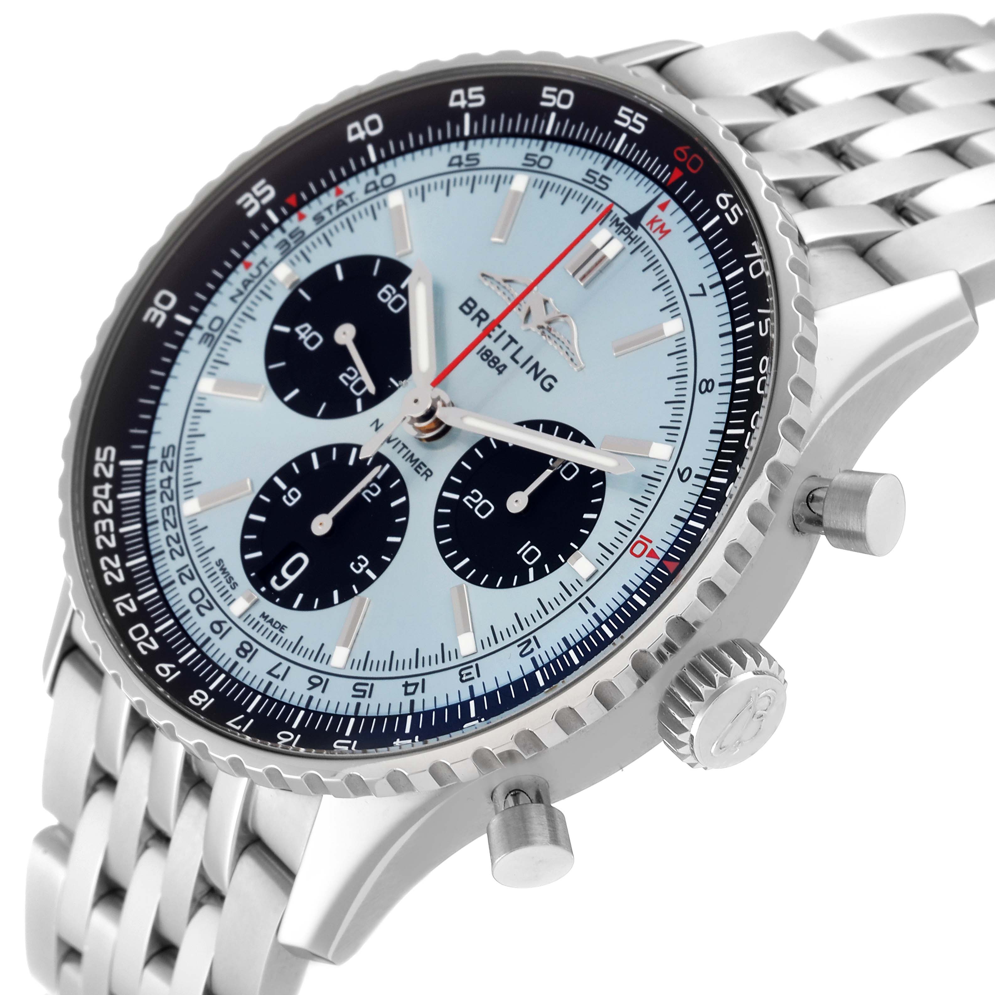The image shows a Breitling Navitimer AB0138 Men
s Stainless Steel Blue Dial AB0138 Men
s Stainless Steel Blue Dial watch at a 3/4 angle, highlighting the dial, bezel, crown, pushers, and bracelet.