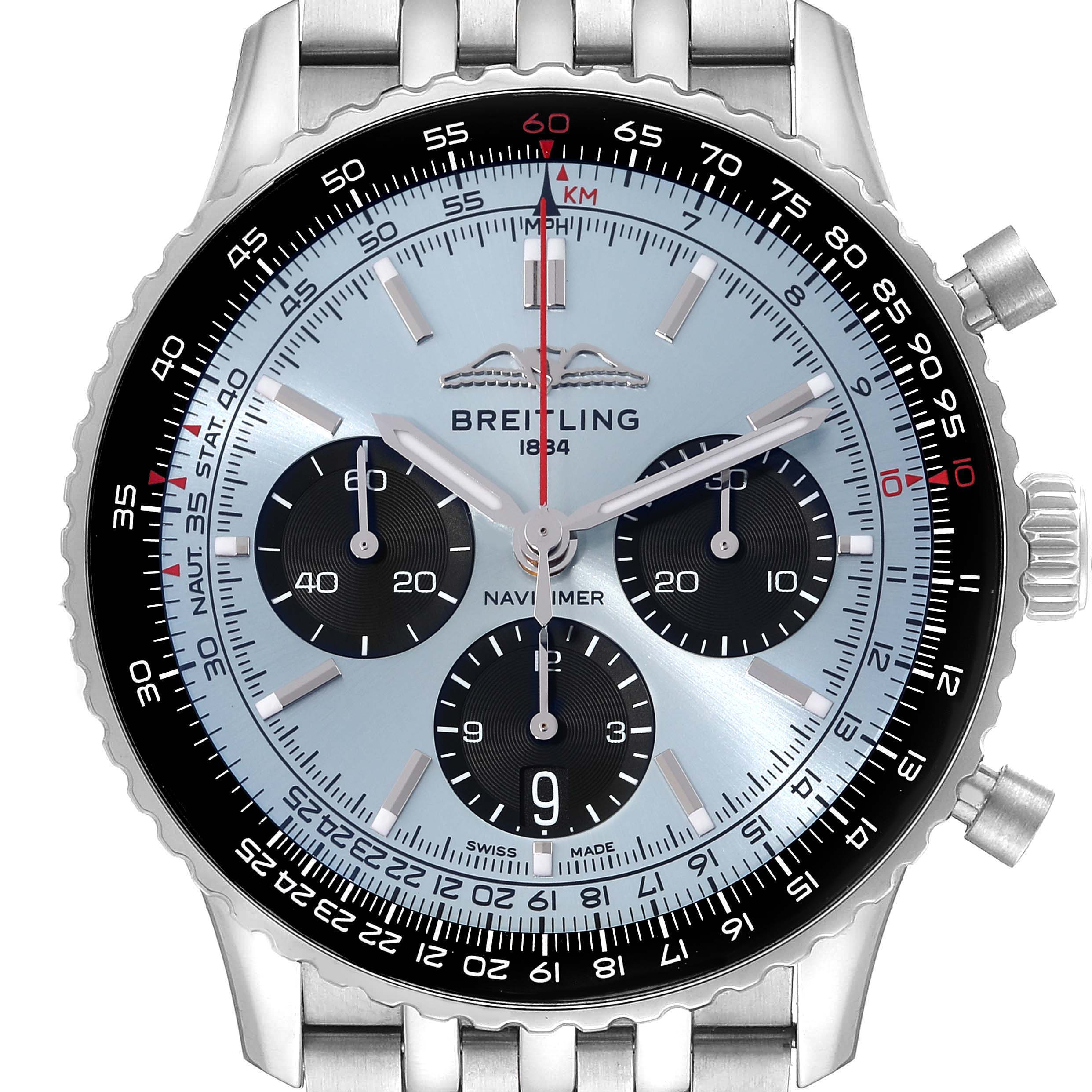 This image shows a front view of a Breitling Navitimer AB0138 Men
s Stainless Steel Blue Dial AB0138 Men
s Stainless Steel Blue Dial watch, highlighting its chronograph sub-dials, bezel, and bracelet.