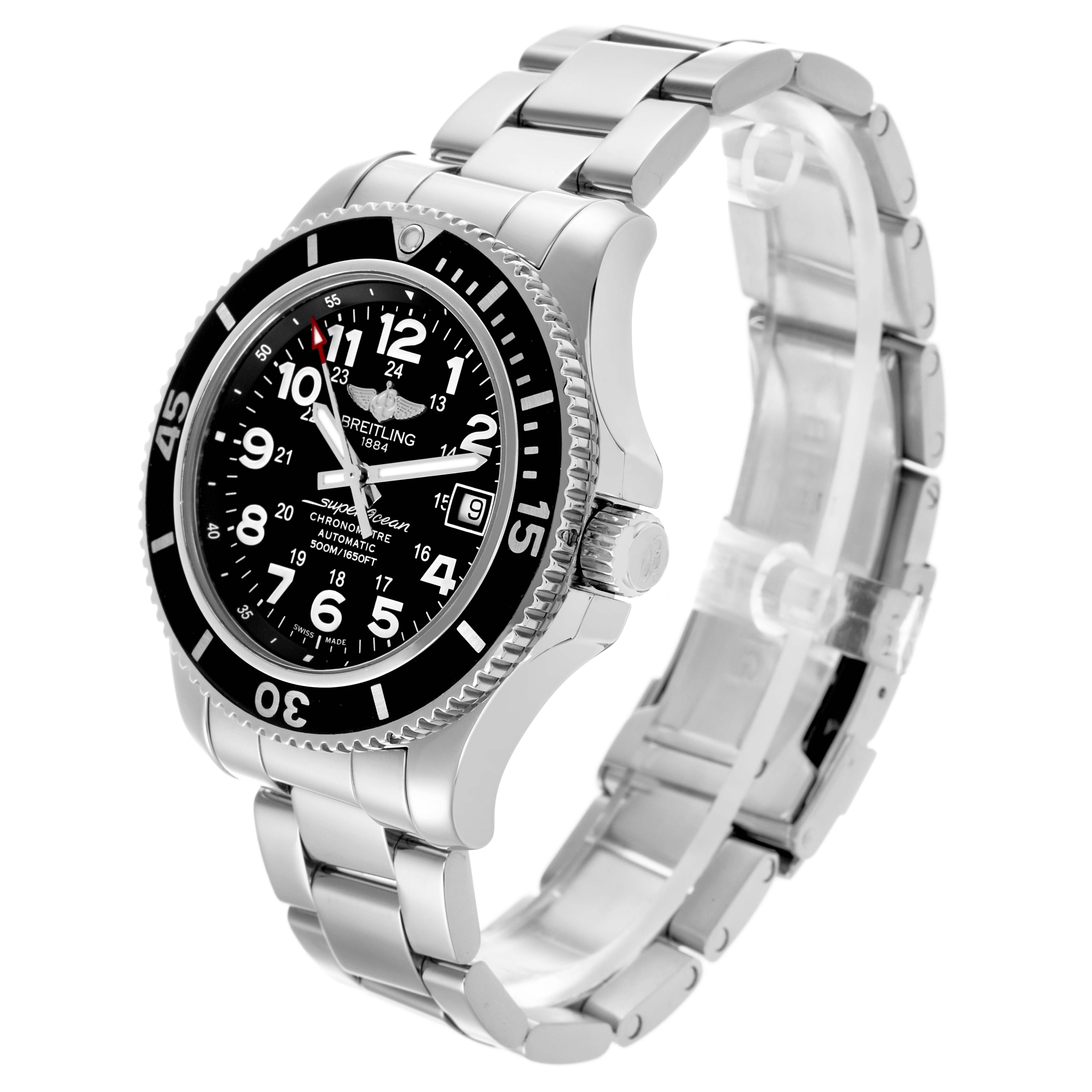 The Breitling Superocean A17365 Men's Stainless Steel Black Dial A17365 Men's Stainless Steel Black Dial watch is shown at an angled front view, displaying its bezel, dial, crown, and stainless steel bracelet.
