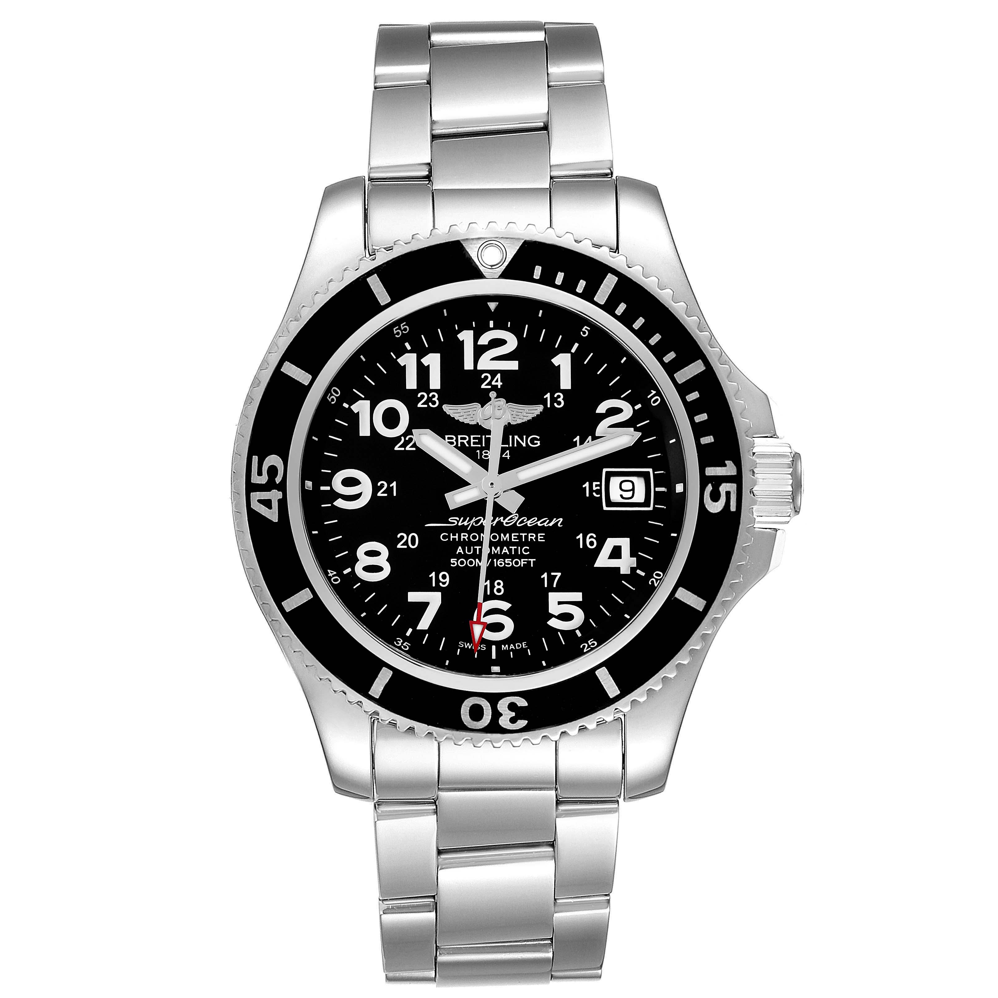 The Breitling Superocean A17365 Men's Stainless Steel Black Dial A17365 Men's Stainless Steel Black Dial watch is shown from the front, displaying the face, bezel, case, and bracelet.