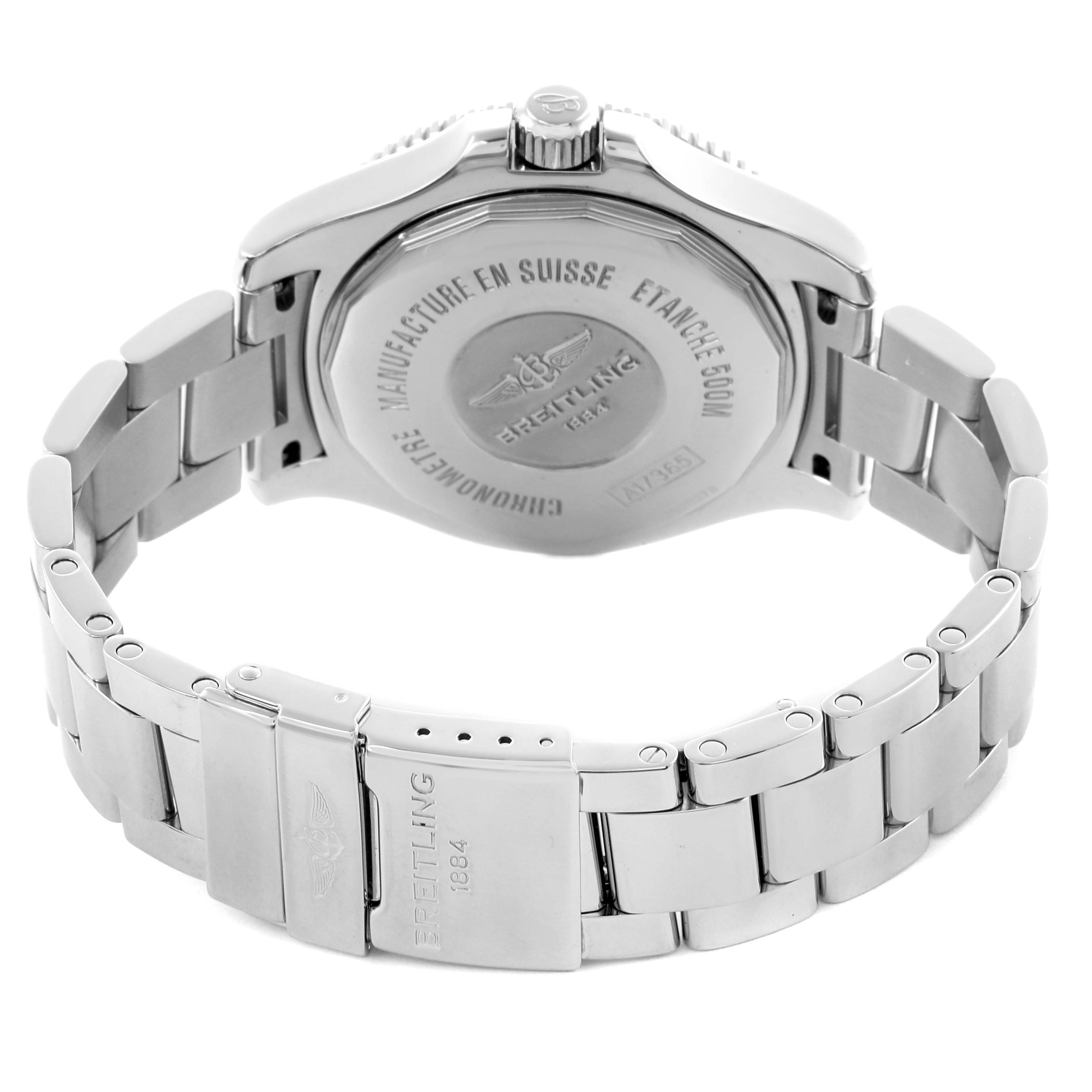 The image shows the back of the Breitling Superocean A17365 Men's Stainless Steel Black Dial A17365 Men's Stainless Steel Black Dial watch and the metal bracelet clasp.
