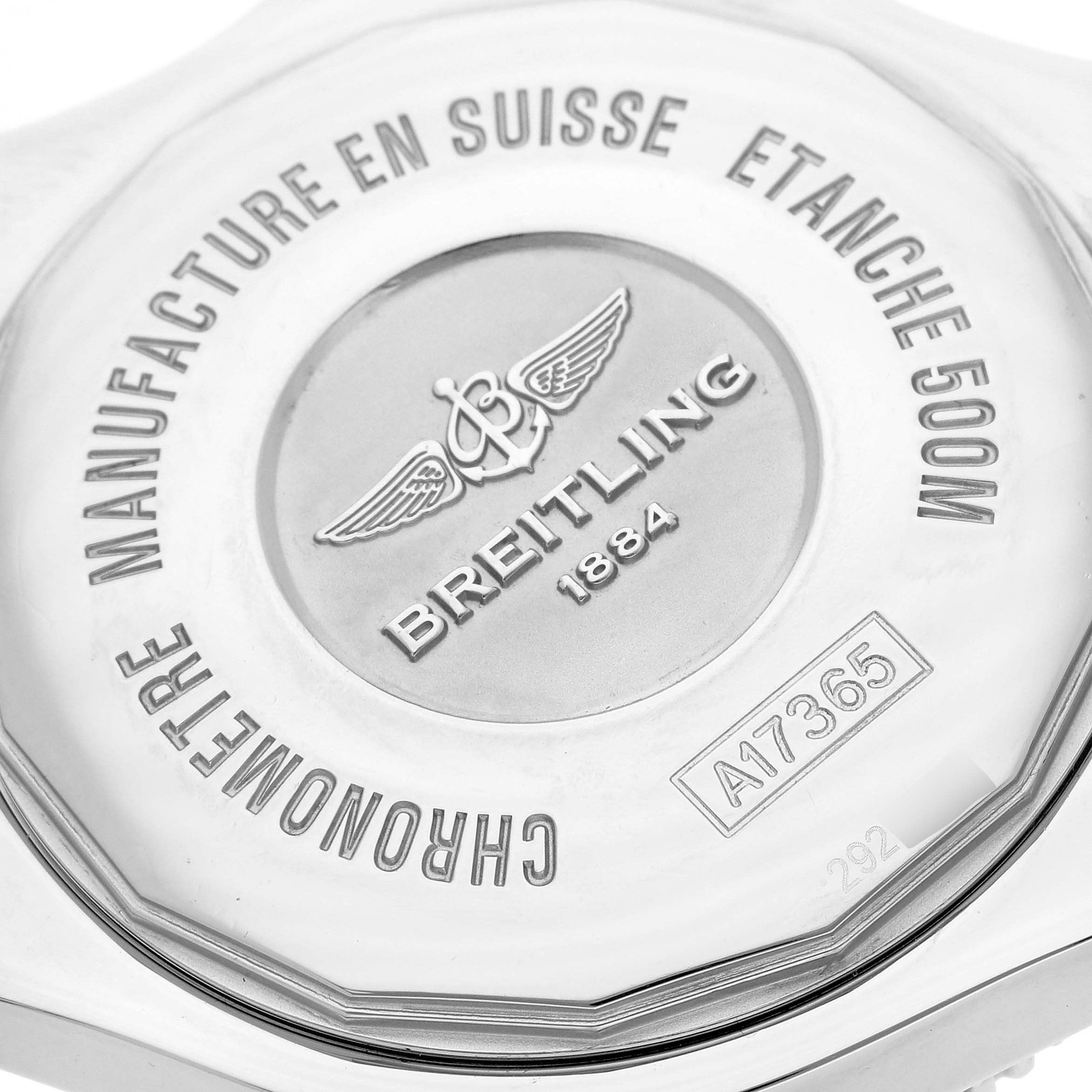 The image shows the back of a Breitling Superocean A17365 Men's Stainless Steel Black Dial A17365 Men's Stainless Steel Black Dial watch with engravings detailing water resistance and model information.