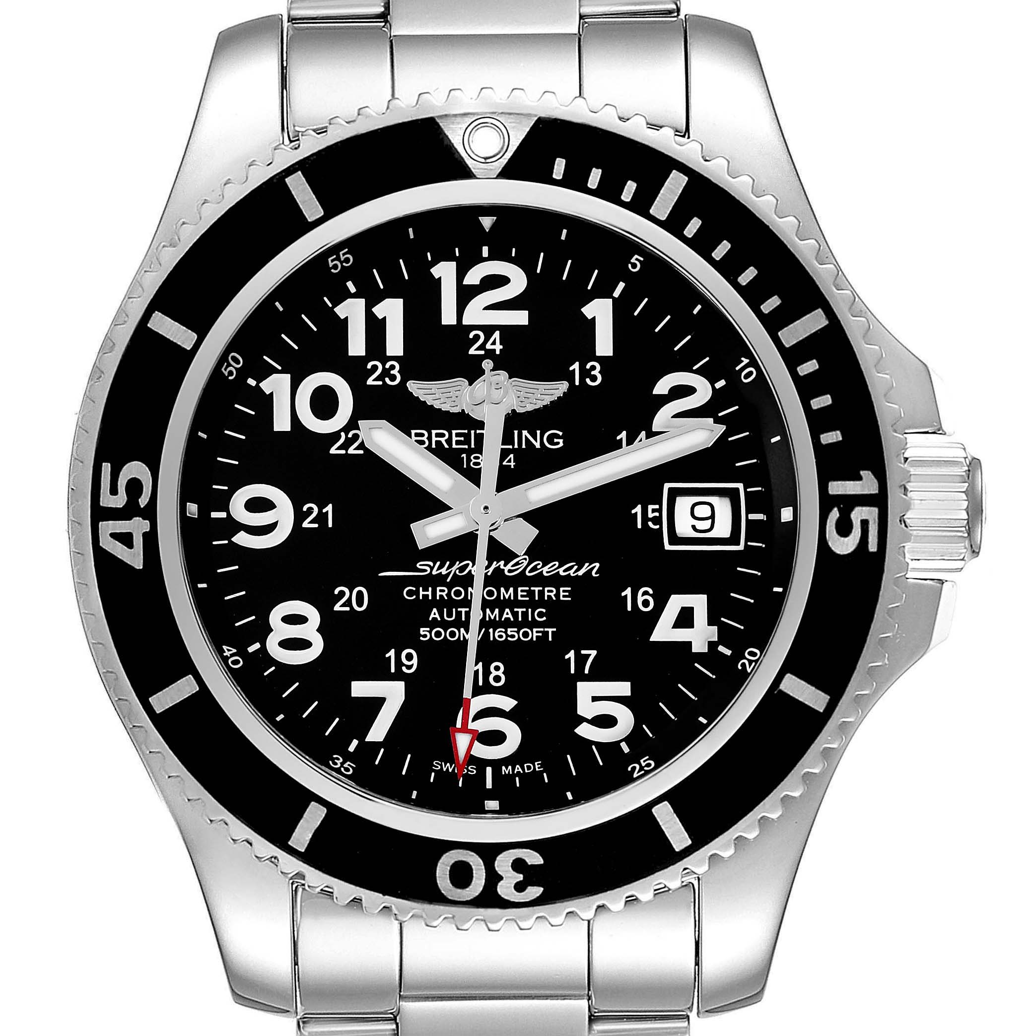 The Breitling Superocean A17365 Men's Stainless Steel Black Dial A17365 Men's Stainless Steel Black Dial watch is shown from the front, highlighting the dial, bezel, and part of the bracelet.