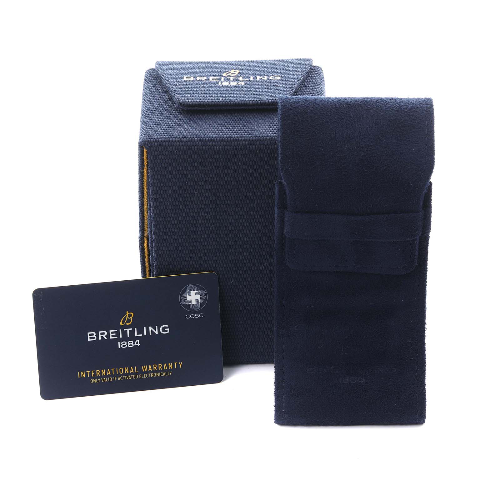 The image shows a Breitling Superocean A17365 Men's Stainless Steel Black Dial A17365 Men's Stainless Steel Black Dial package with a box, a fabric case, and an international warranty card.