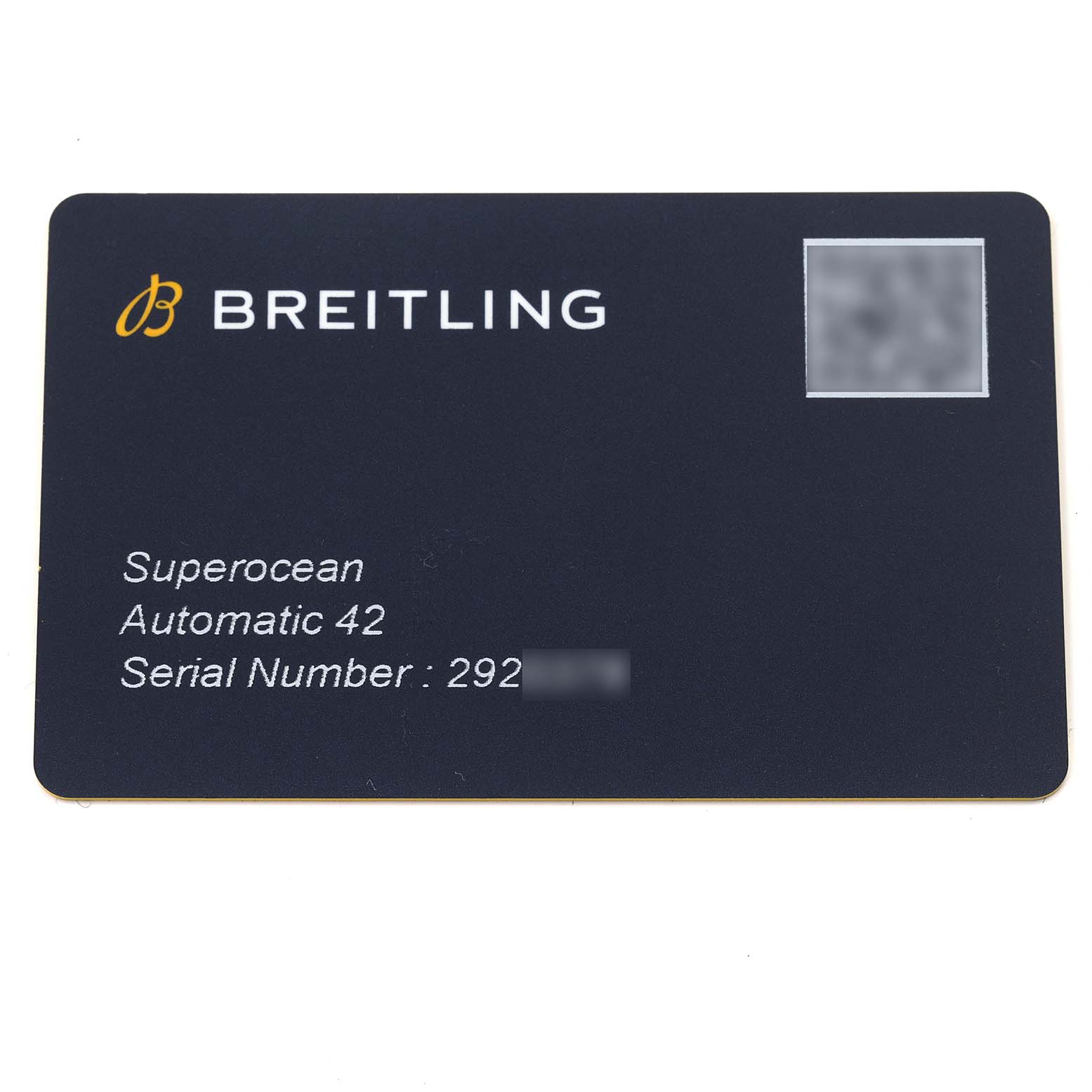 The image shows a Breitling Superocean A17365 Men's Stainless Steel Black Dial A17365 Men's Stainless Steel Black Dial warranty card displaying model and serial number details.
