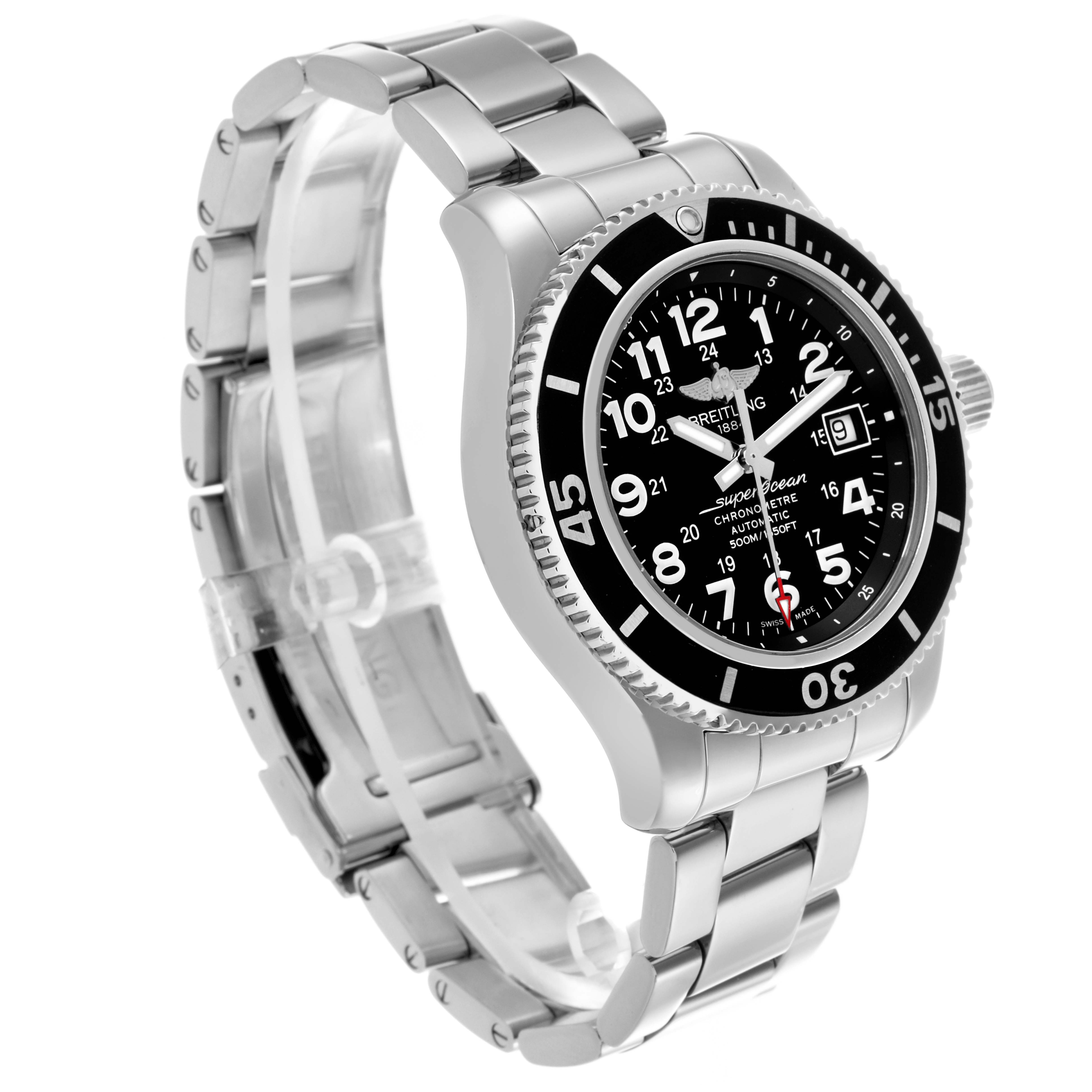 The Breitling Superocean A17365 Men's Stainless Steel Black Dial A17365 Men's Stainless Steel Black Dial watch is shown at a three-quarter angle, highlighting the face, bezel, and metal bracelet.