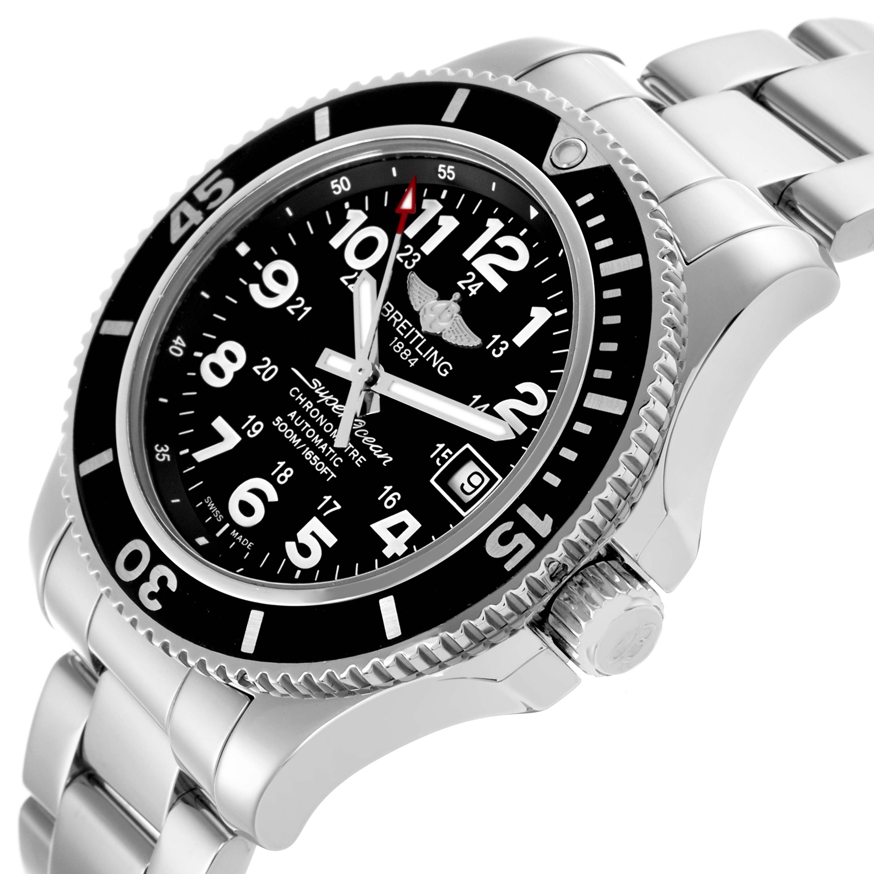The Breitling Superocean A17365 Men's Stainless Steel Black Dial A17365 Men's Stainless Steel Black Dial watch is shown at a three-quarter angle, highlighting the bezel, face, crown, and part of the bracelet.