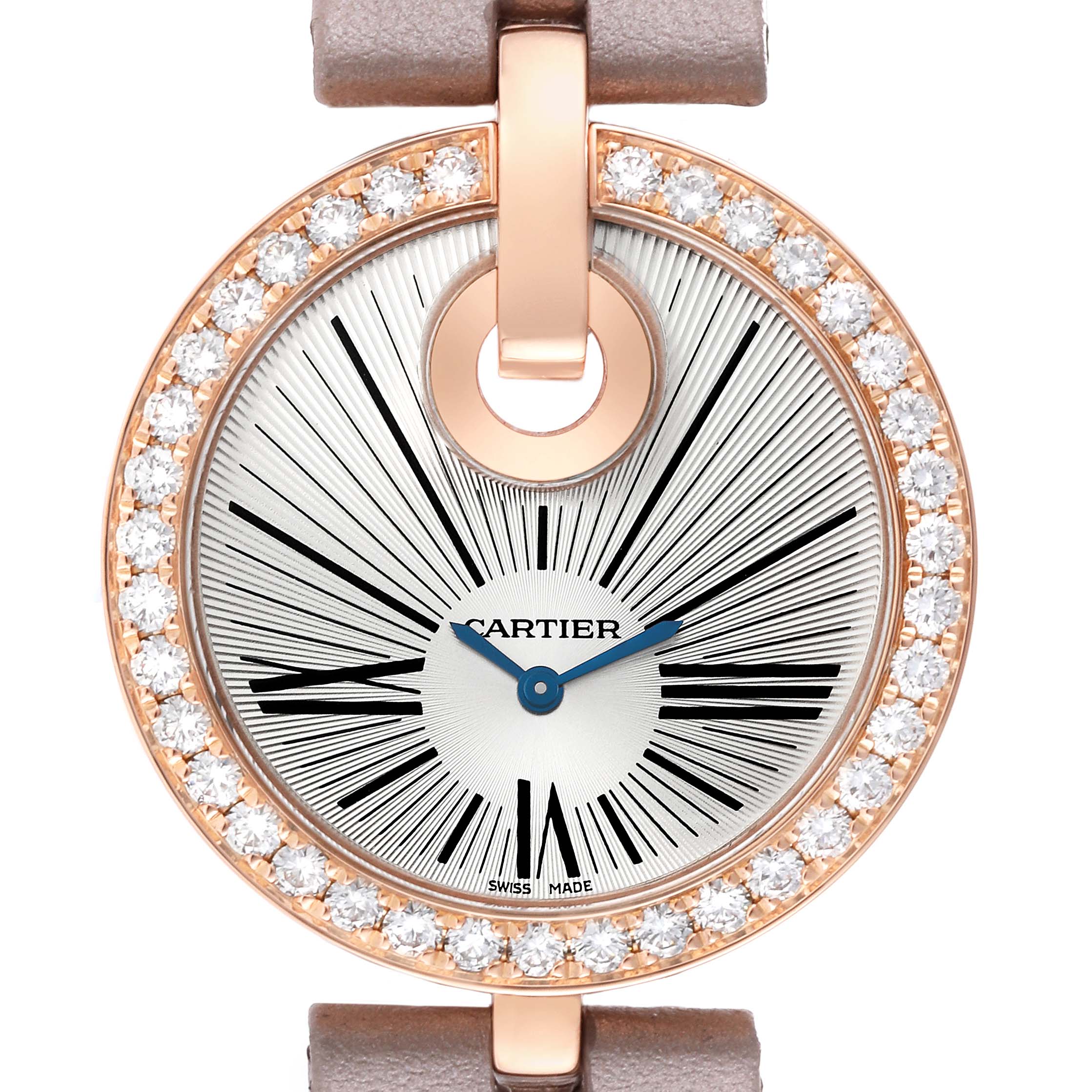 This image is a close-up of the dial and bezel of a Cartier Ballon Bleu WG600011 Women's Rose Gold Silver Dial WG600011 Women's Rose Gold Silver Dial watch, showcasing diamond accents.