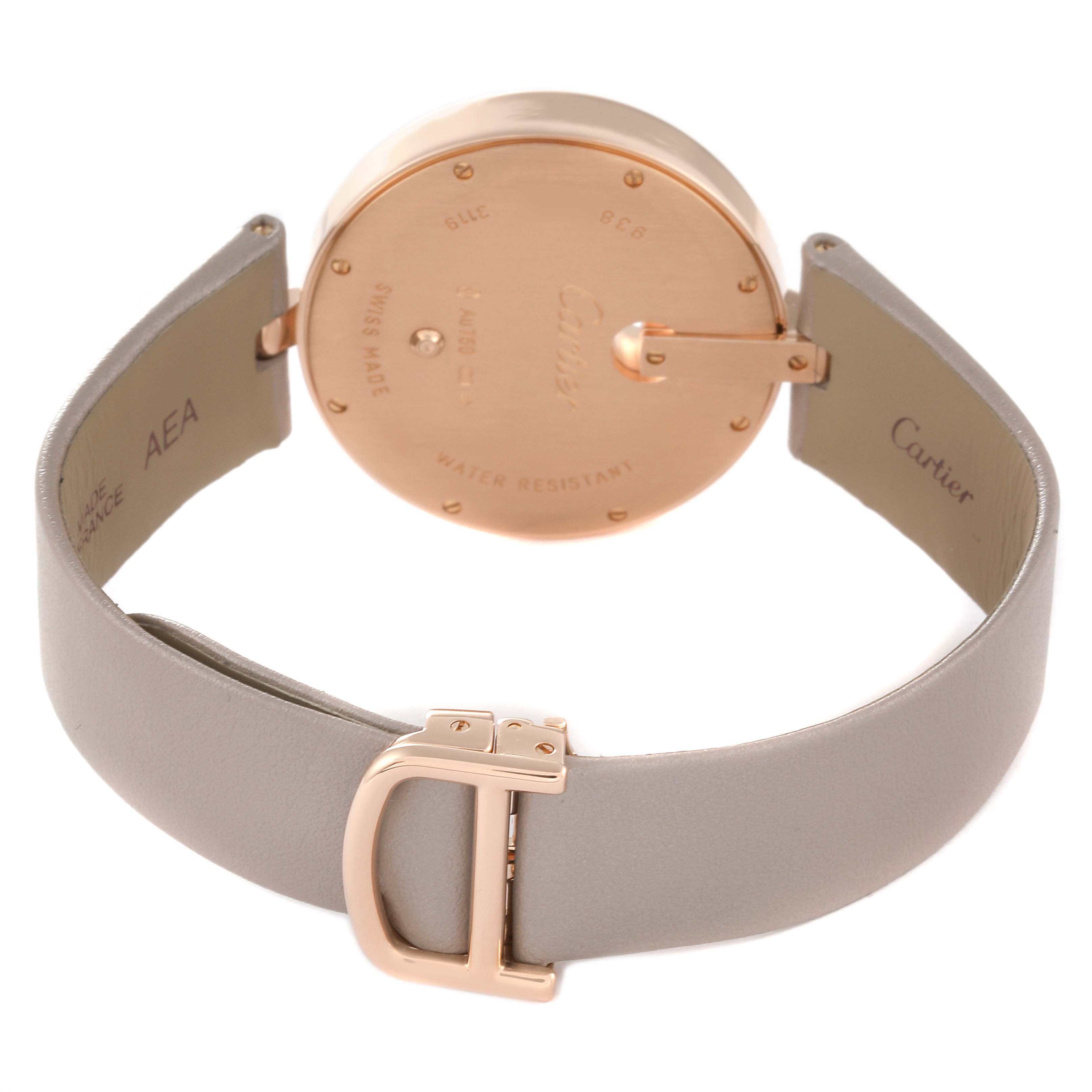 The image shows the back case and strap of a Cartier Ballon Bleu WG600011 Women's Rose Gold Silver Dial WG600011 Women's Rose Gold Silver Dial watch, highlighting the buckle and branding.