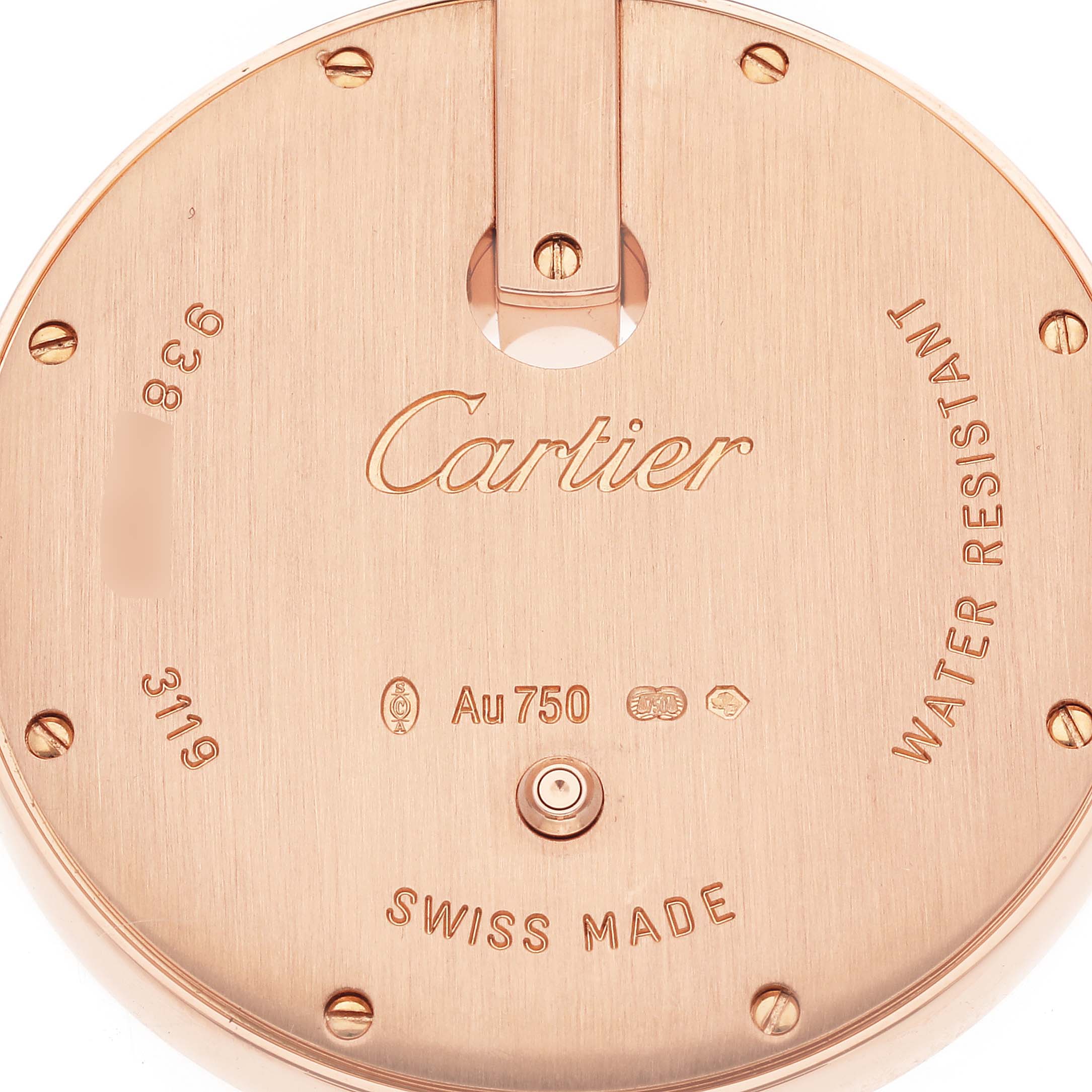 The image shows the back case of a Cartier Ballon Bleu WG600011 Women's Rose Gold Silver Dial WG600011 Women's Rose Gold Silver Dial watch, highlighting the brand name and specifications.