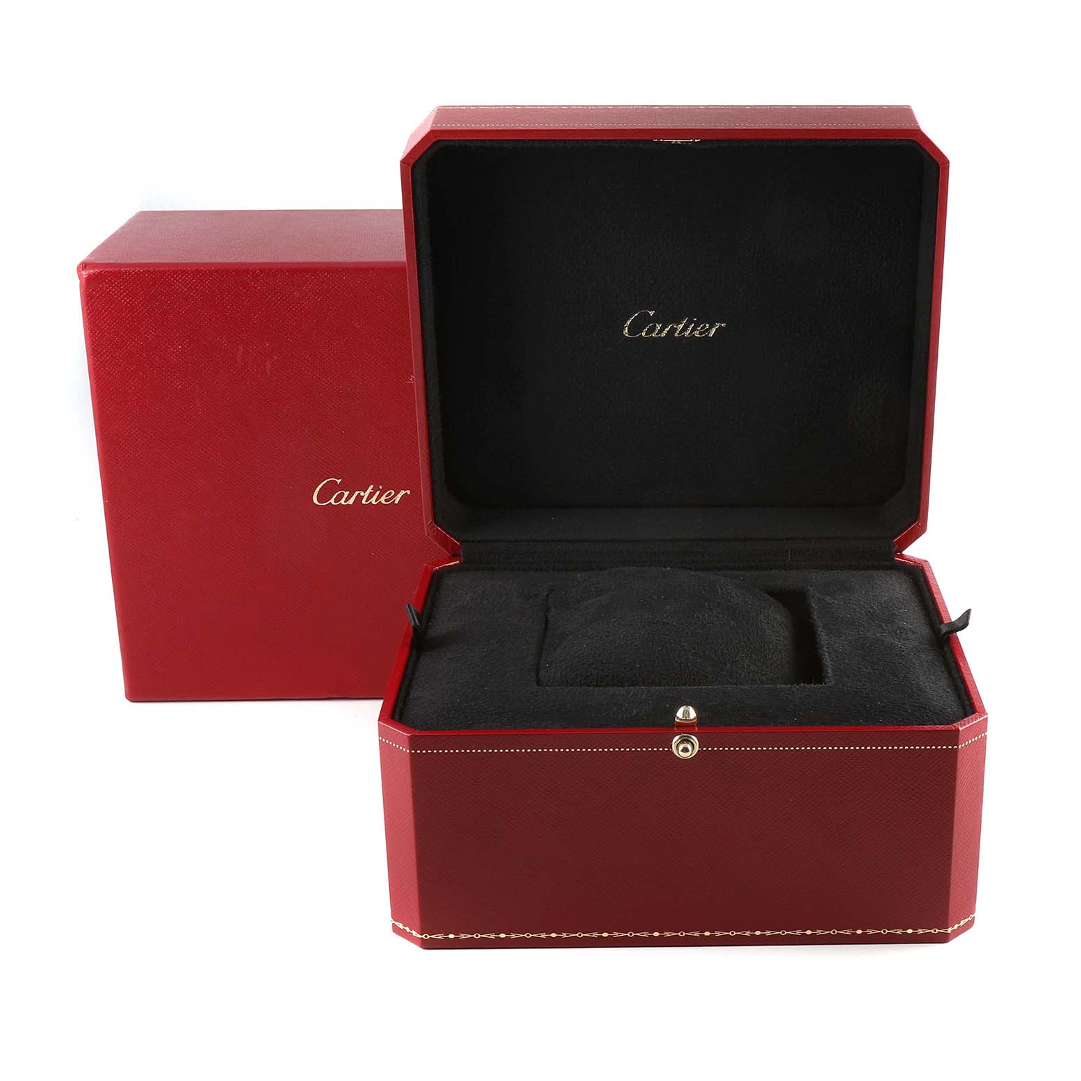 This image shows the opened and closed red Cartier boxes for the Ballon Bleu model watch.