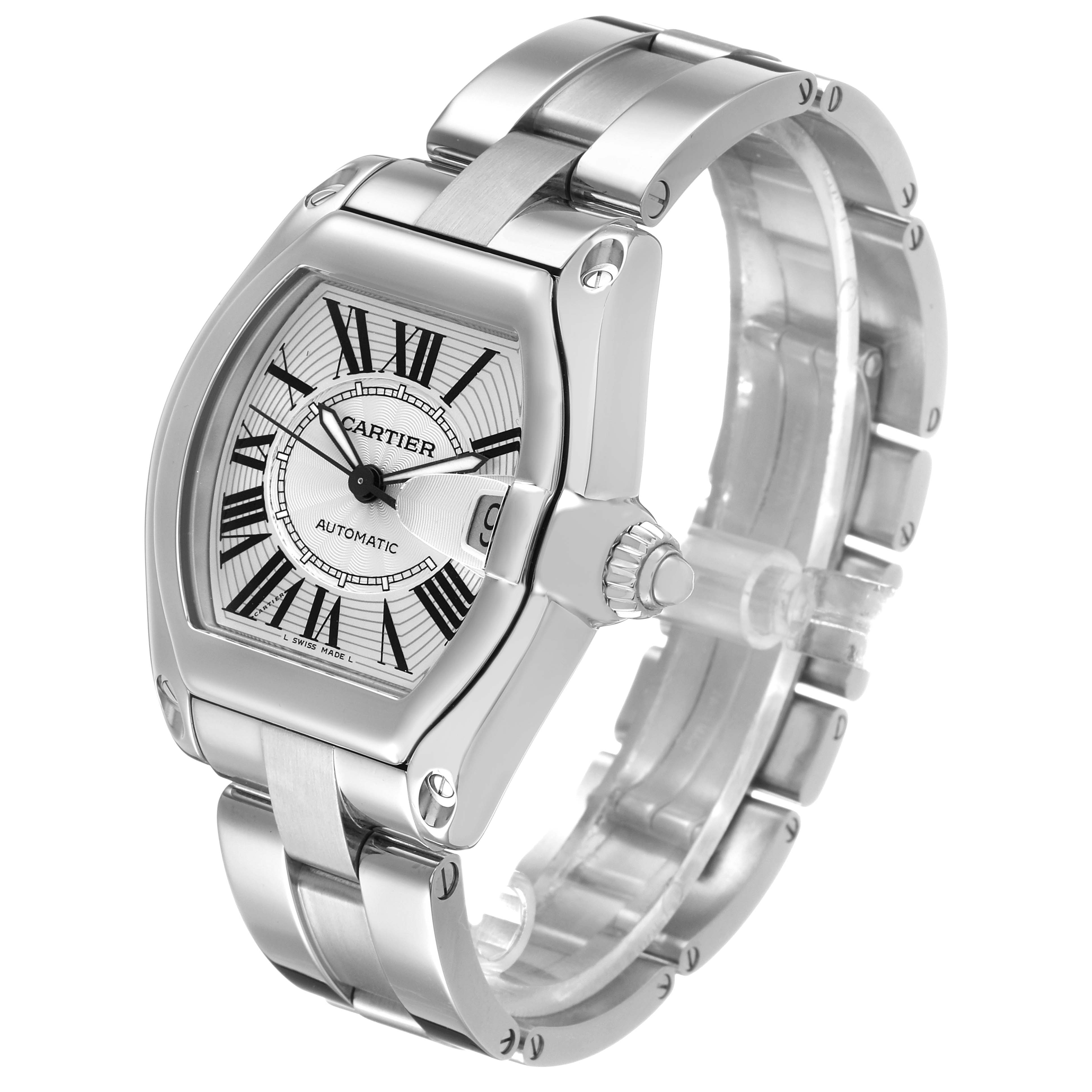 The Cartier Roadster W62025V3 Men's Stainless Steel Silver Dial watch is shown in a side angle, displaying the face, bezel, crown, and metallic strap.