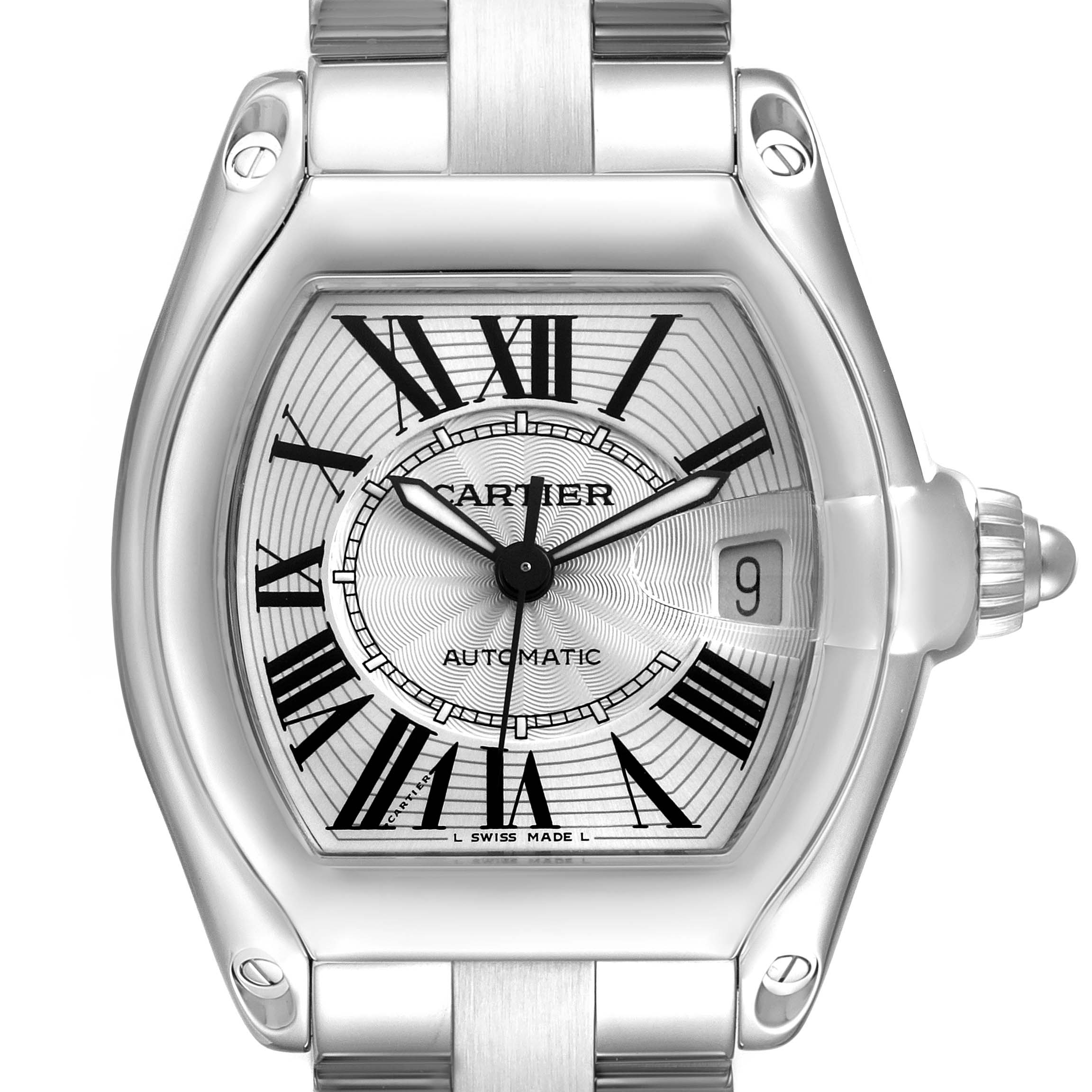 The image shows a frontal view of the Cartier Roadster W62025V3 Men's Stainless Steel Silver Dial watch, highlighting its dial, hands, numerals, crown, and part of the bracelet.