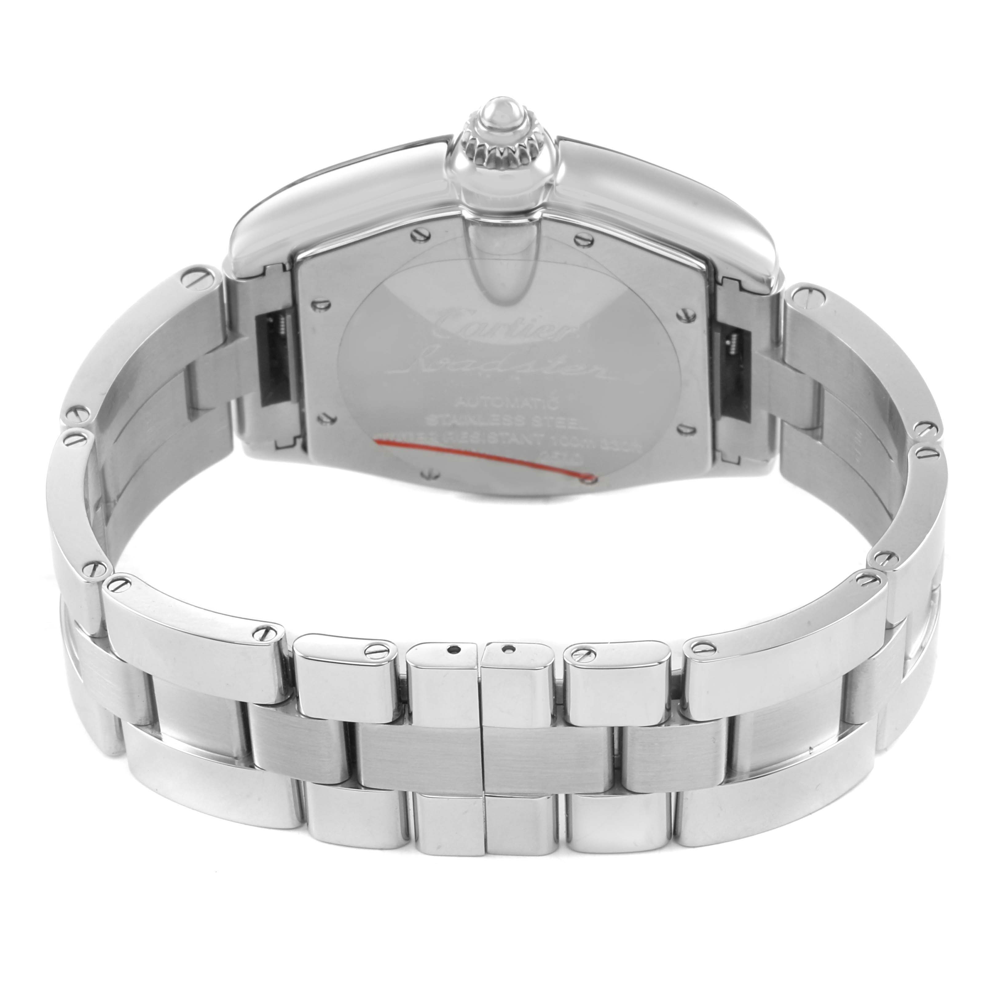 The image shows the back of a Cartier Roadster W62025V3 Men's Stainless Steel Silver Dial watch, highlighting the bracelet and case back.