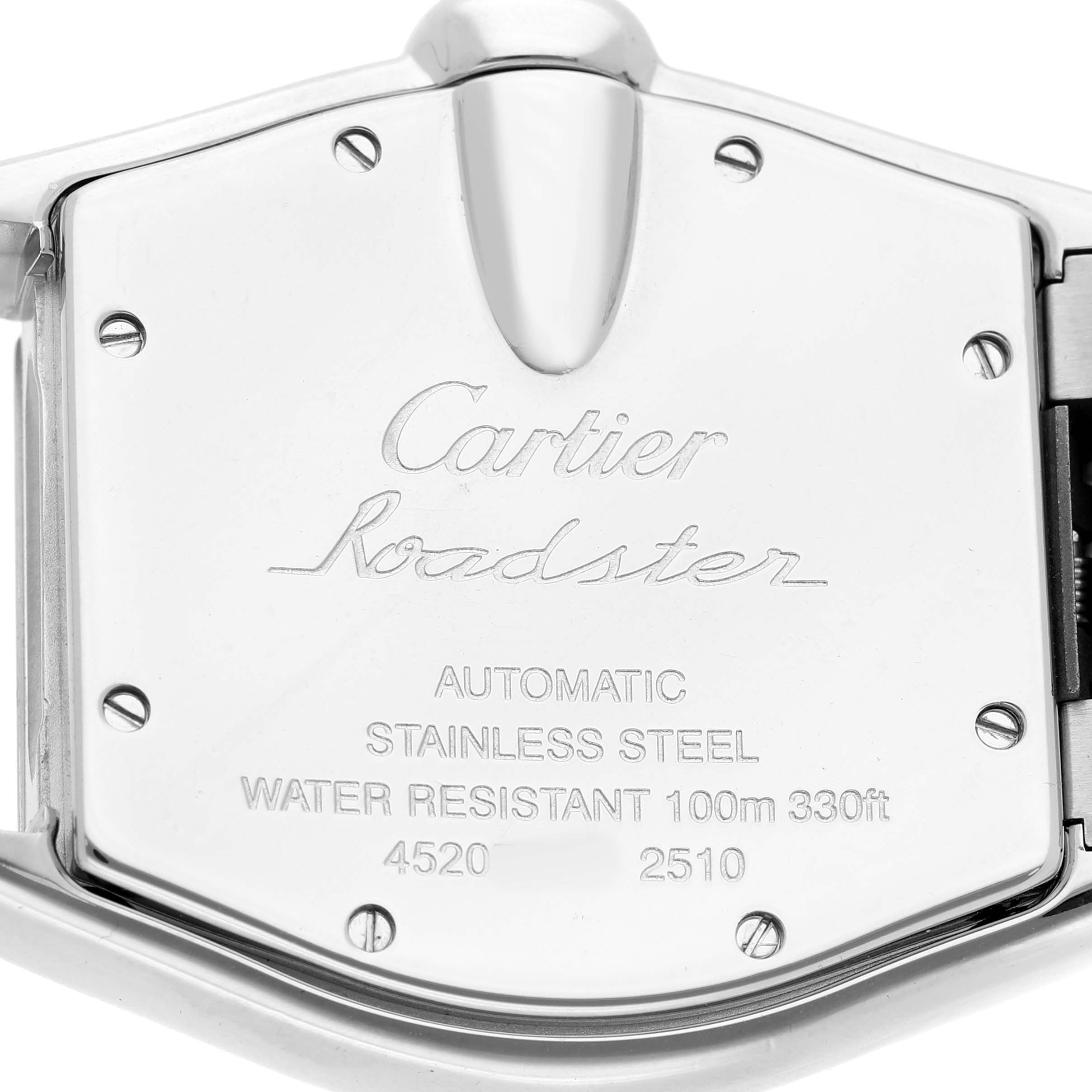 The image shows the case back of a Cartier Roadster W62025V3 Men's Stainless Steel Silver Dial watch, displaying brand markings and specifications.