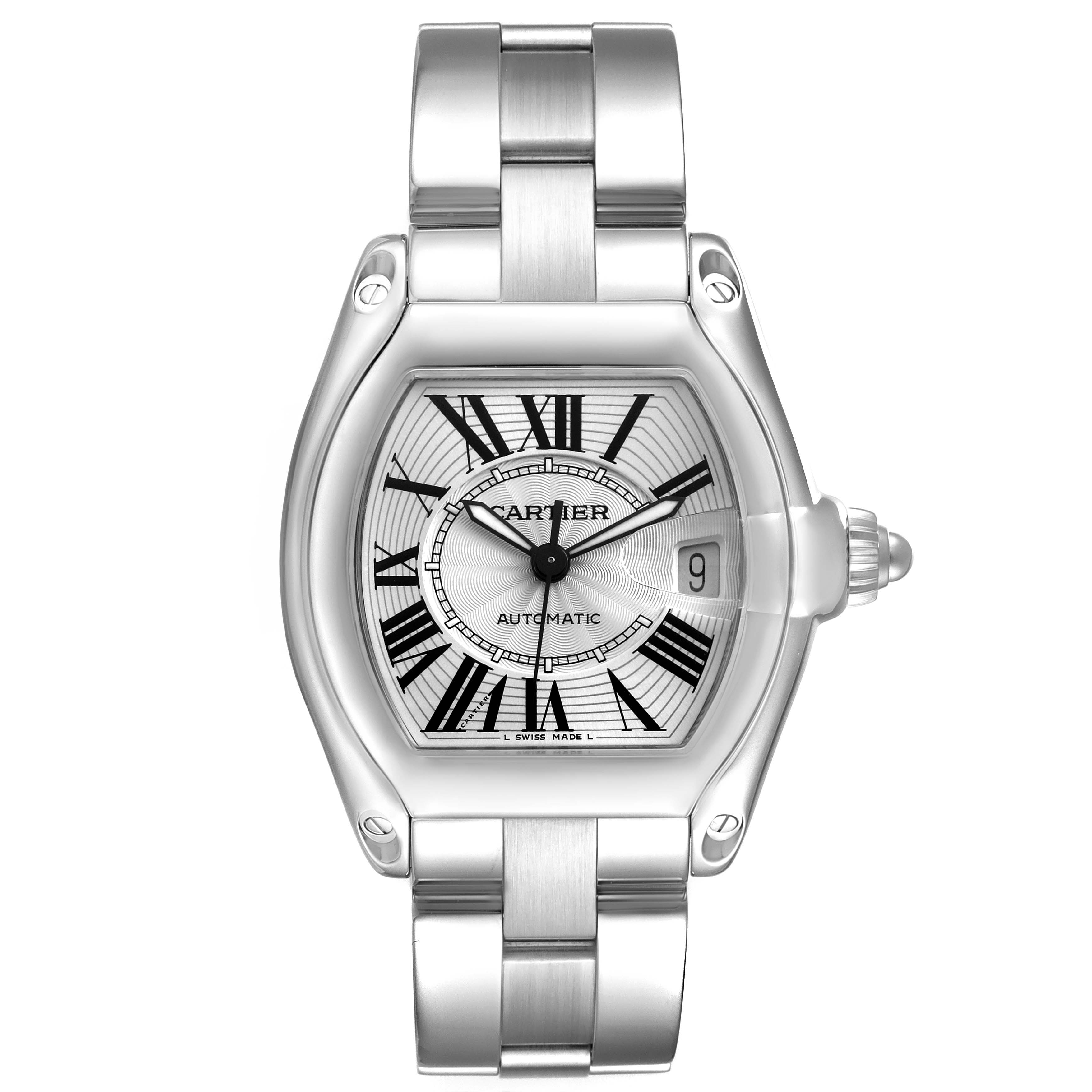 The Cartier Roadster W62025V3 Men's Stainless Steel Silver Dial watch is shown from a front view, highlighting its dial, bezel, bracelet, and crown.