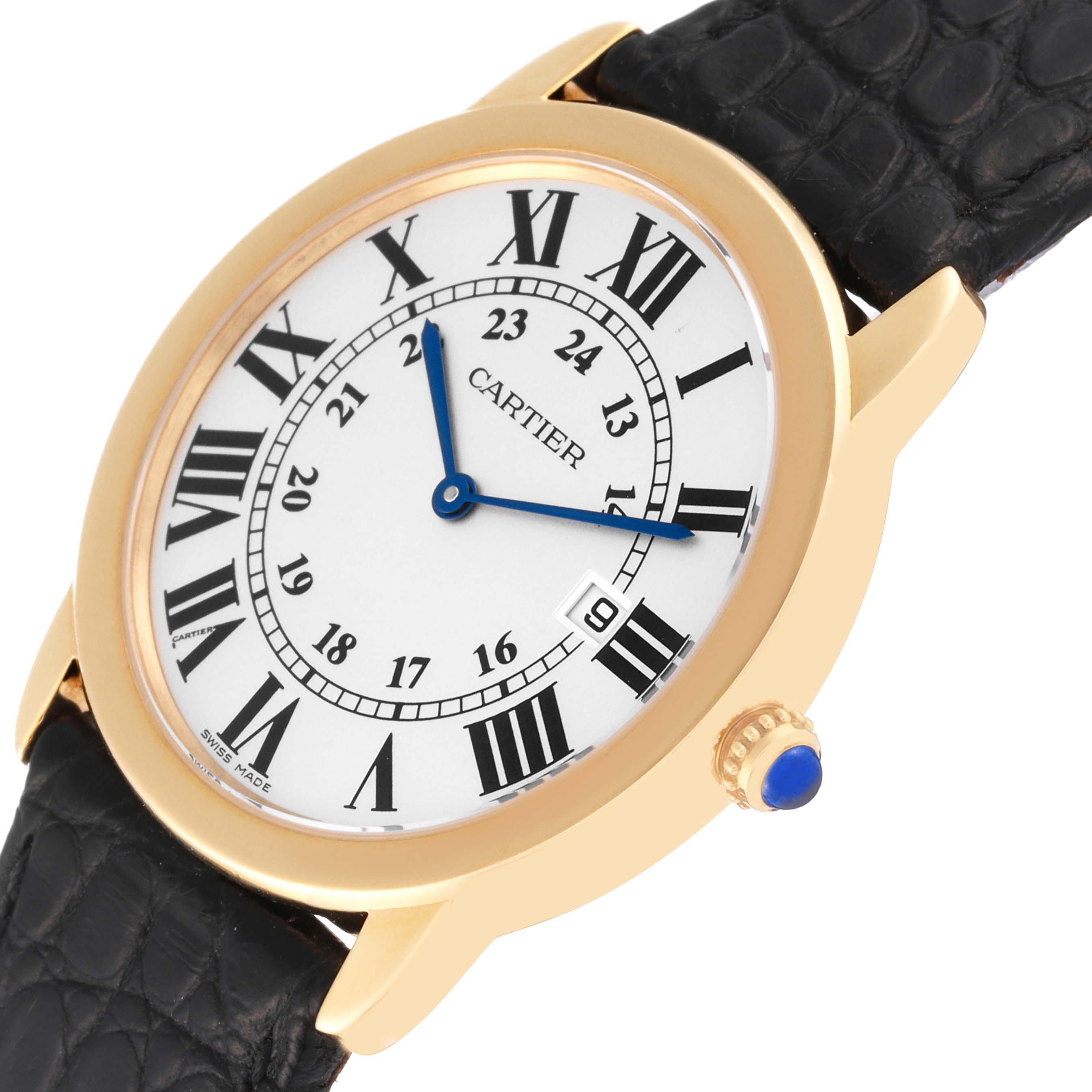 The image shows the front view of the Cartier Ronde W6700455 Men
s Steel and Gold (two tone) Silver Dial W6700455 Men
s Steel and Gold (two tone) Silver Dial model watch, highlighting the dial, Roman numerals, blue hands, and black leather strap.