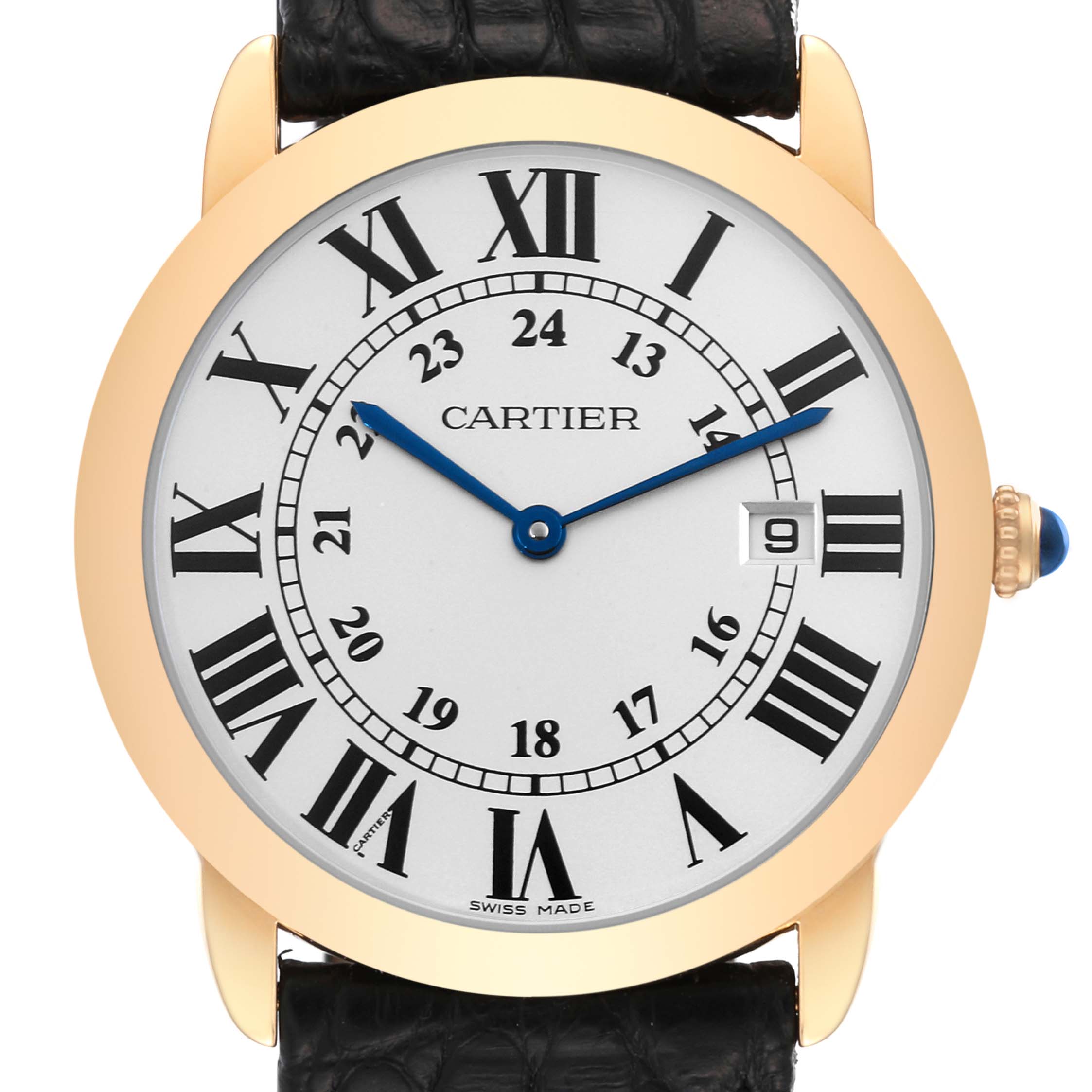 This Cartier Ronde W6700455 Men
s Steel and Gold (two tone) Silver Dial W6700455 Men
s Steel and Gold (two tone) Silver Dial watch is shown in a front angle, displaying its face, Roman numerals, hands, and leather strap.