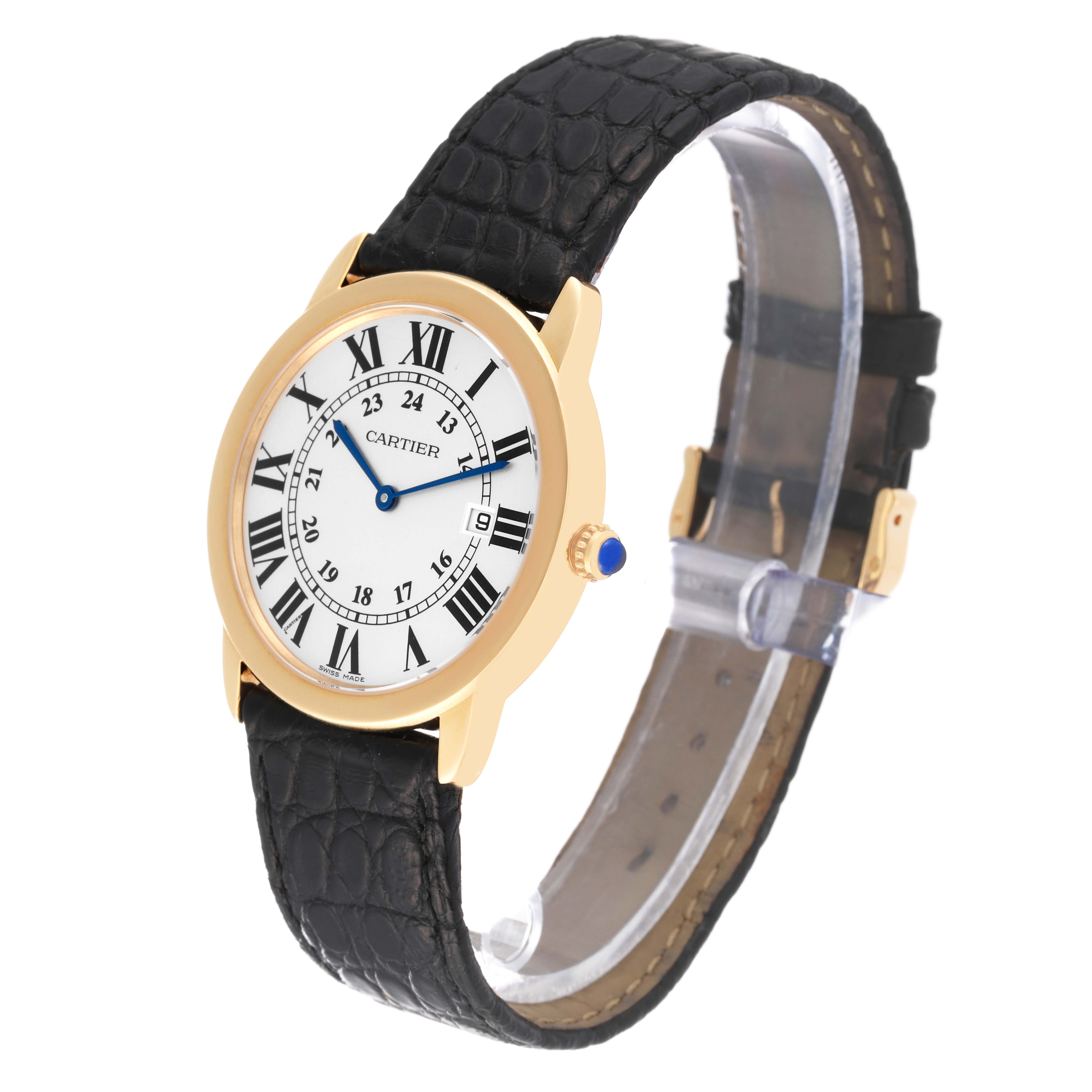 The image shows a side and front angle view of the Cartier Ronde W6700455 Men
s Steel and Gold (two tone) Silver Dial W6700455 Men
s Steel and Gold (two tone) Silver Dial watch, highlighting its round face and black leather strap.