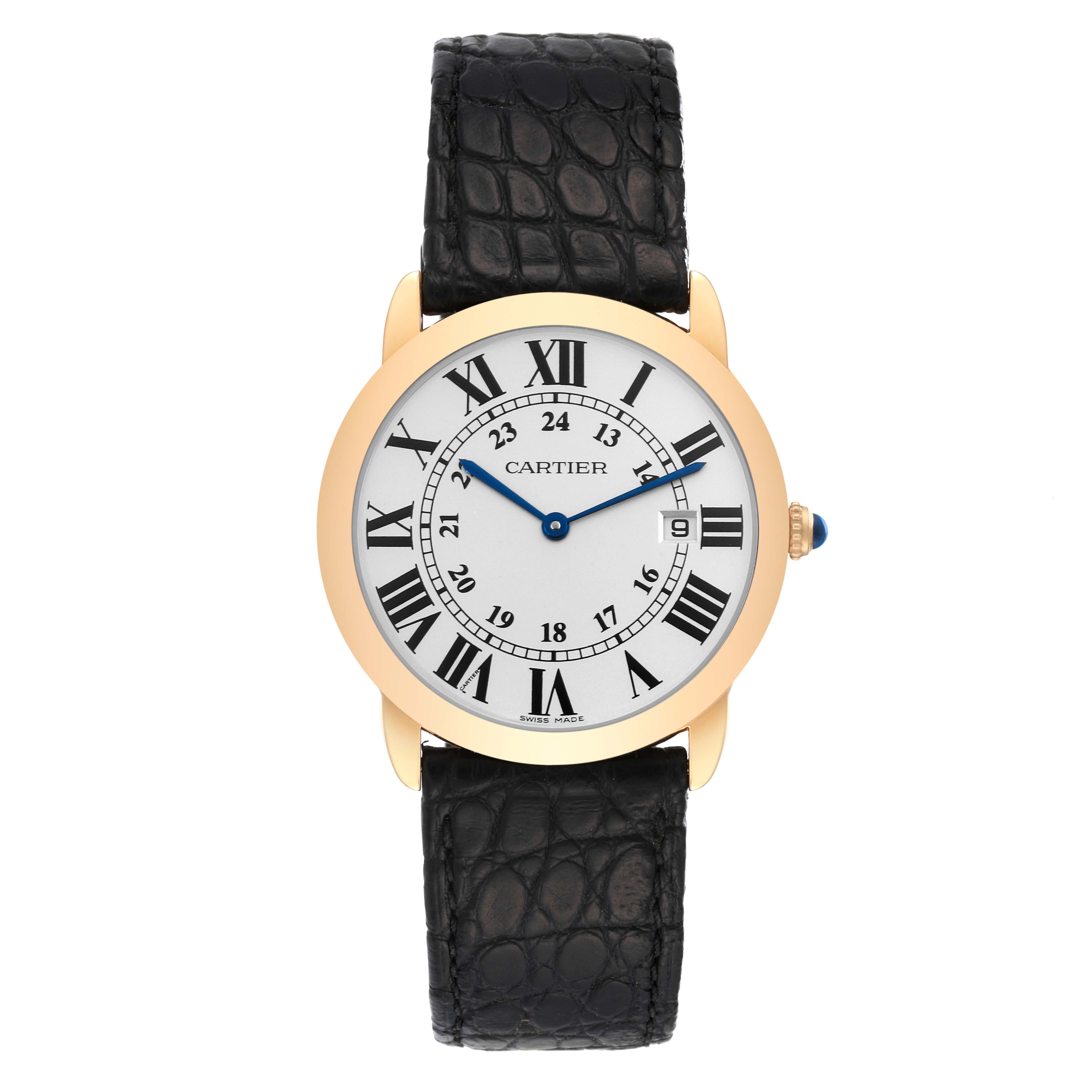 This image shows a Cartier Ronde W6700455 Men
s Steel and Gold (two tone) Silver Dial W6700455 Men
s Steel and Gold (two tone) Silver Dial watch with a gold case, Roman numeral dial, and black leather strap, viewed from the front.