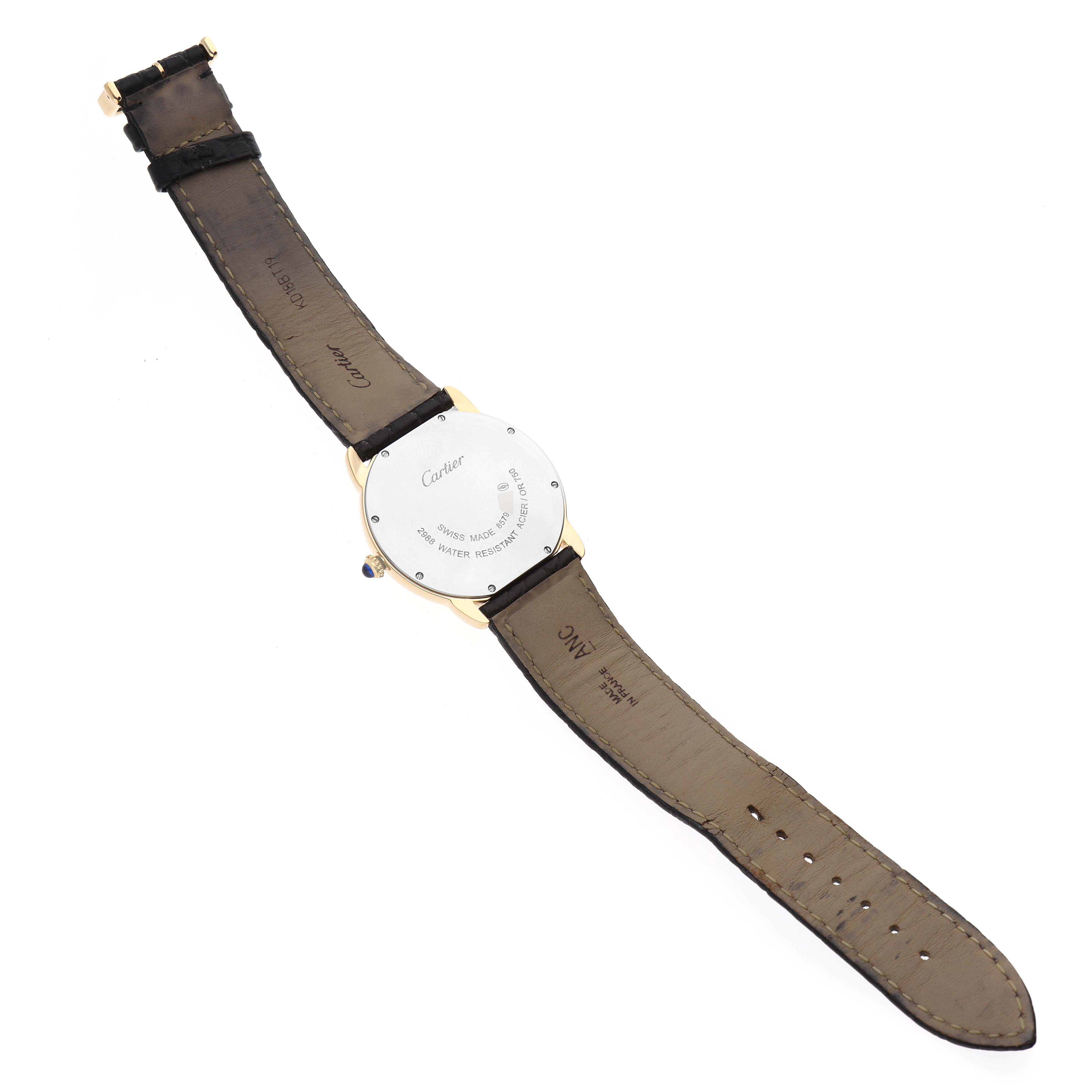 The image shows the back view of a Cartier Ronde W6700455 Men
s Steel and Gold (two tone) Silver Dial W6700455 Men
s Steel and Gold (two tone) Silver Dial watch with its leather strap fully extended.