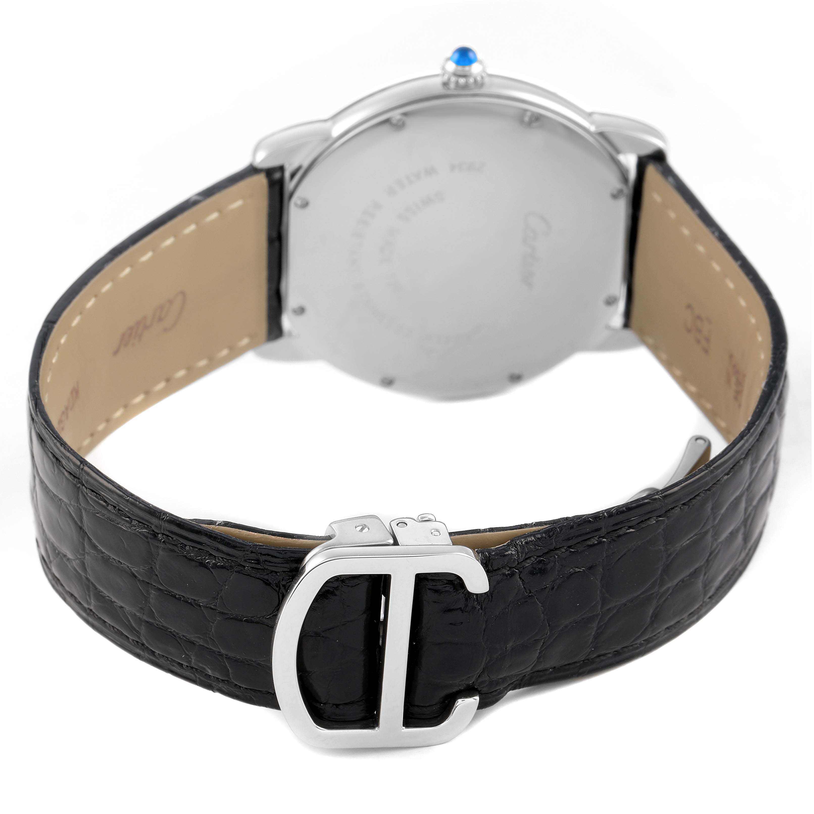 The Cartier Ronde W6700255 Men's Stainless Steel Silver Dial watch is shown from the back, highlighting the case, clasp, and black leather strap.