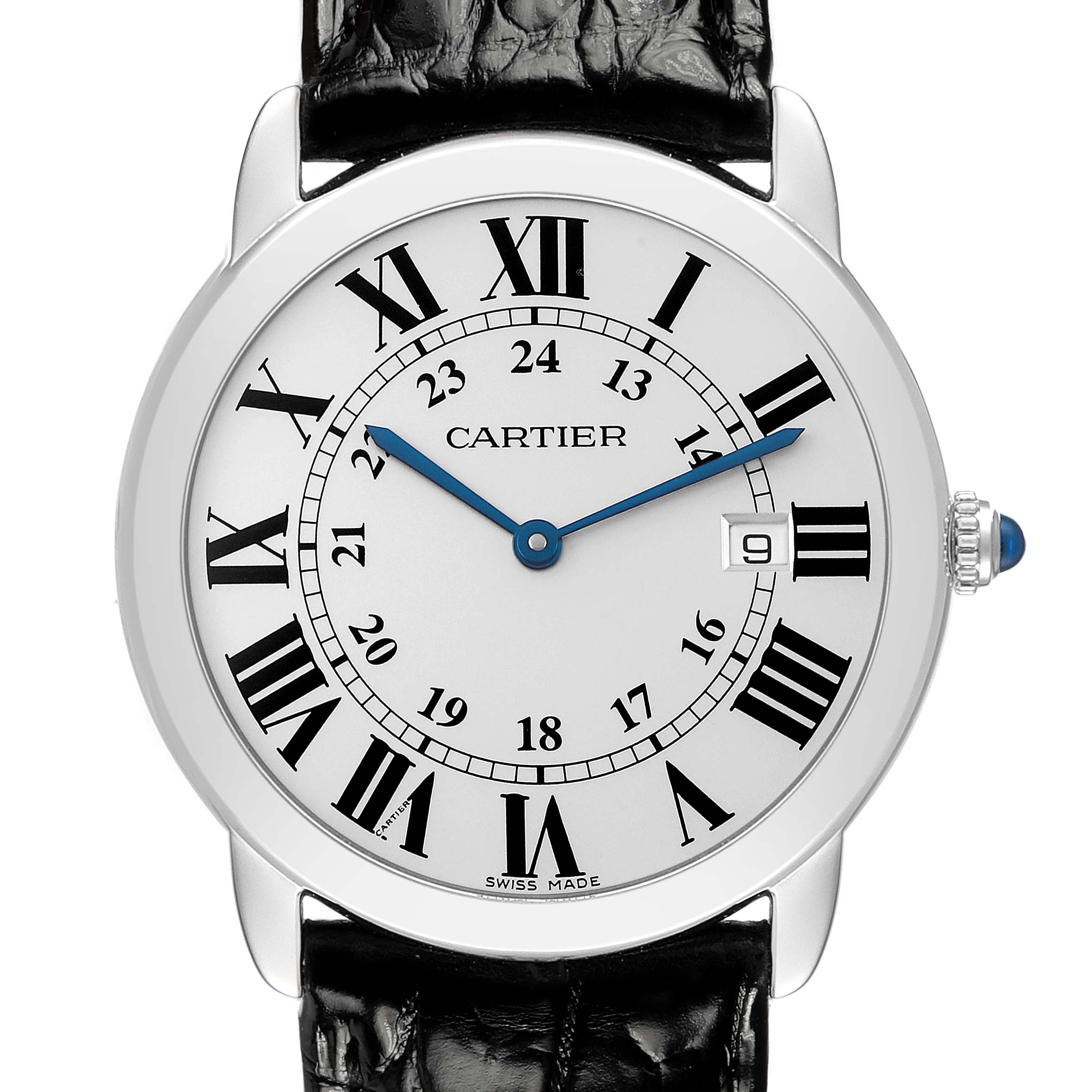 The Cartier Ronde W6700255 Men's Stainless Steel Silver Dial watch is shown from a front angle, displaying the dial, hands, and crown.
