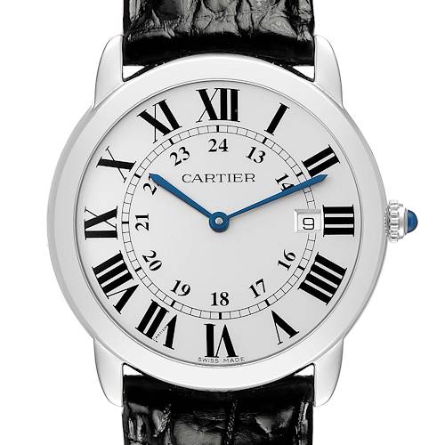 The Cartier Ronde W6700255 Men's Stainless Steel Silver Dial model watch is shown from a front angle, displaying the dial, hands, date window, and crown.