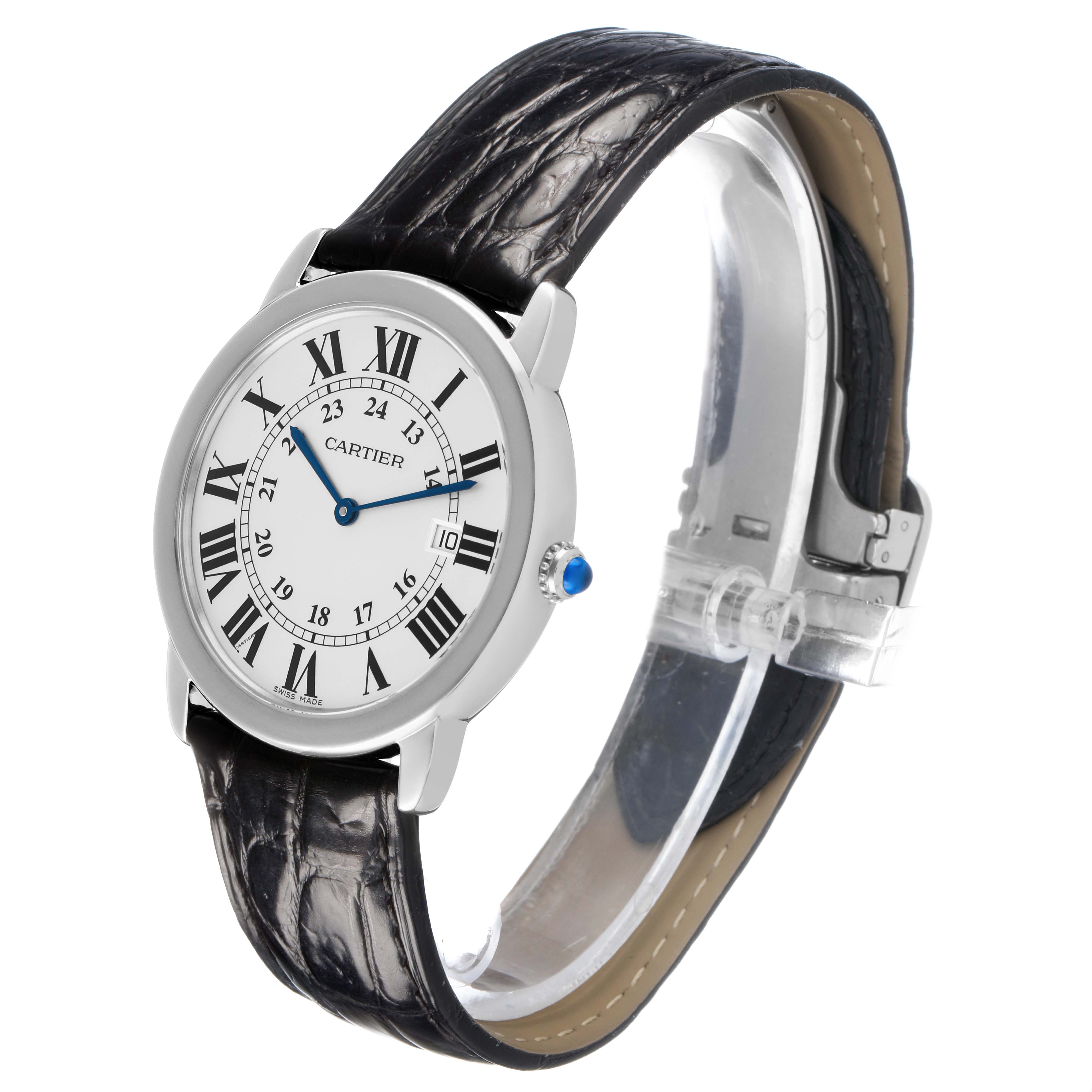 The Cartier Ronde W6700255 Men's Stainless Steel Silver Dial watch is shown at a three-quarter angle, displaying the face, Roman numerals, and black leather strap.