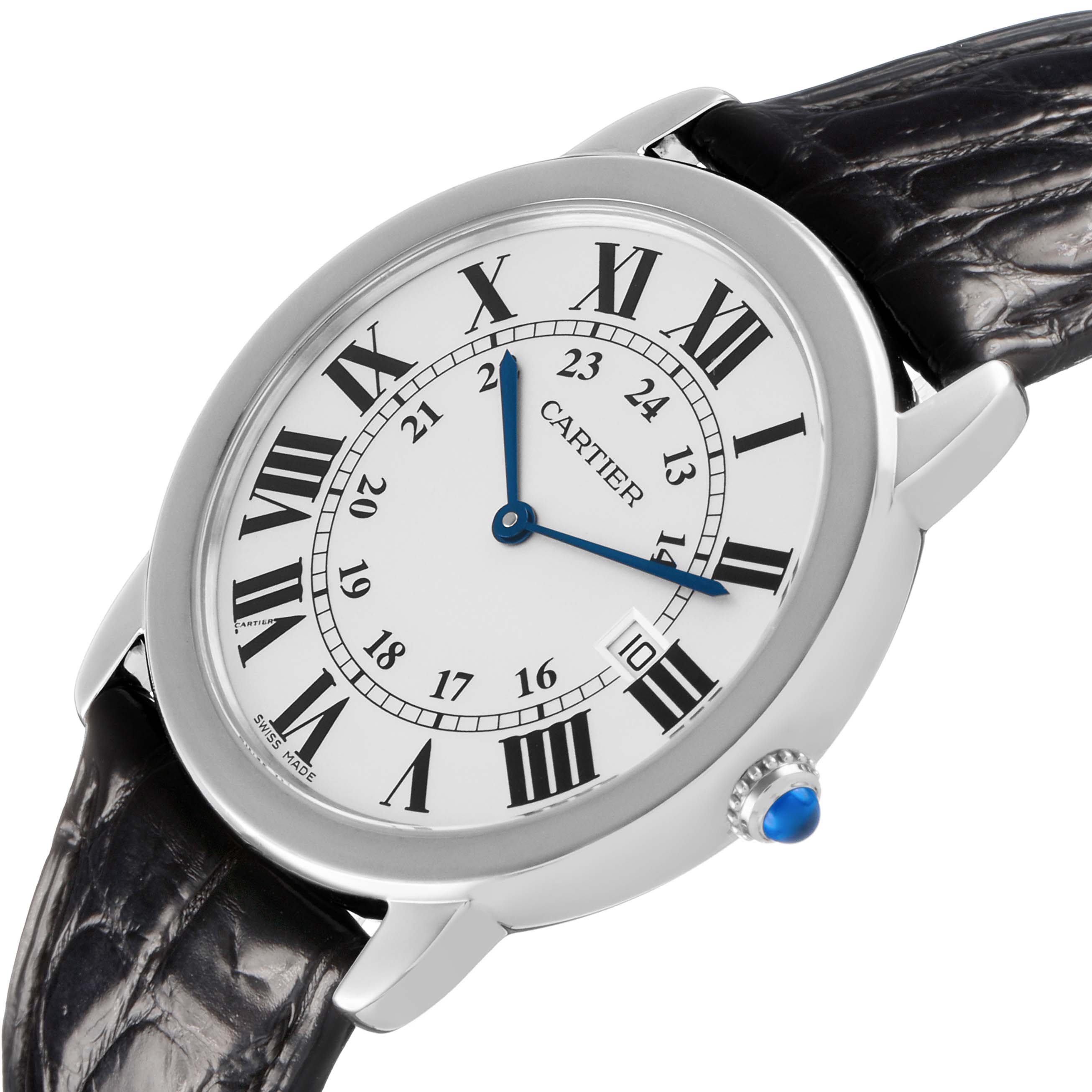 The Cartier Ronde W6700255 Men's Stainless Steel Silver Dial watch is shown at a tilted angle displaying the face, Roman numerals, hands, crown, and black leather strap.