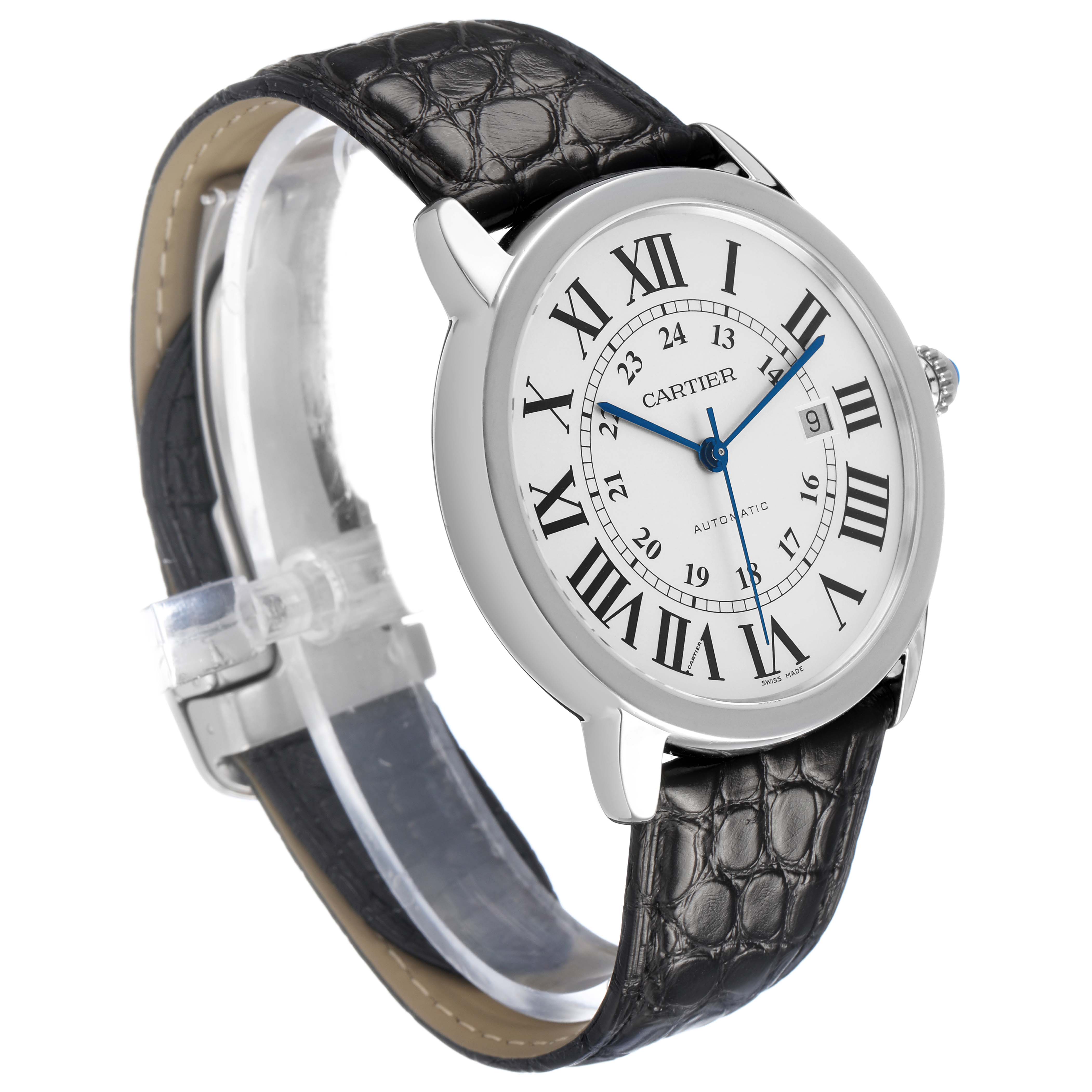 The image shows a Cartier Ronde W6701010 Men's Stainless Steel Silver Dial watch at a slight angle, displaying its face, Roman numerals, blue hands, and black leather strap.