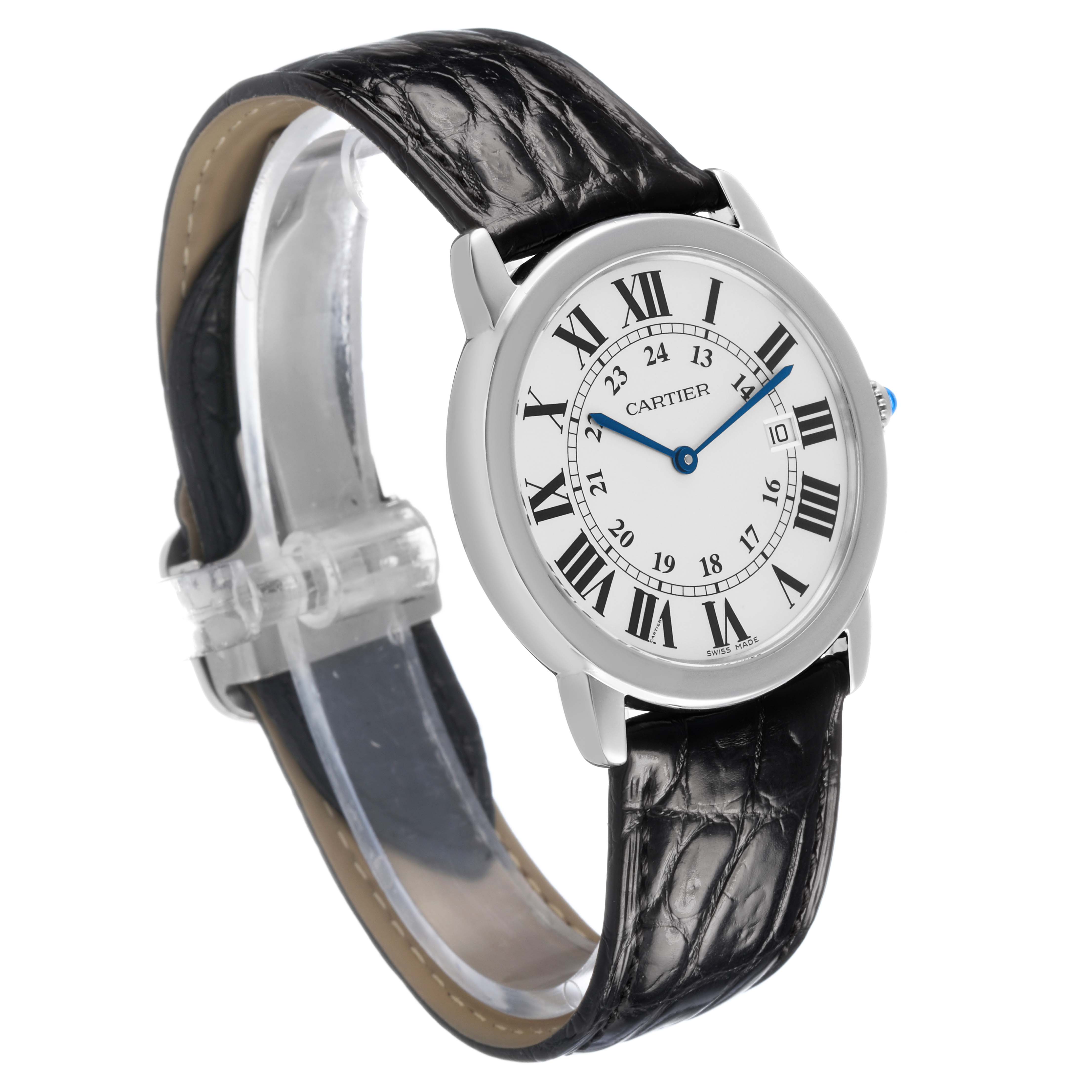 The Cartier Ronde W6701010 Men's Stainless Steel Silver Dial watch is shown at a three-quarter angle, displaying its round face, black leather strap, and Roman numeral dial.