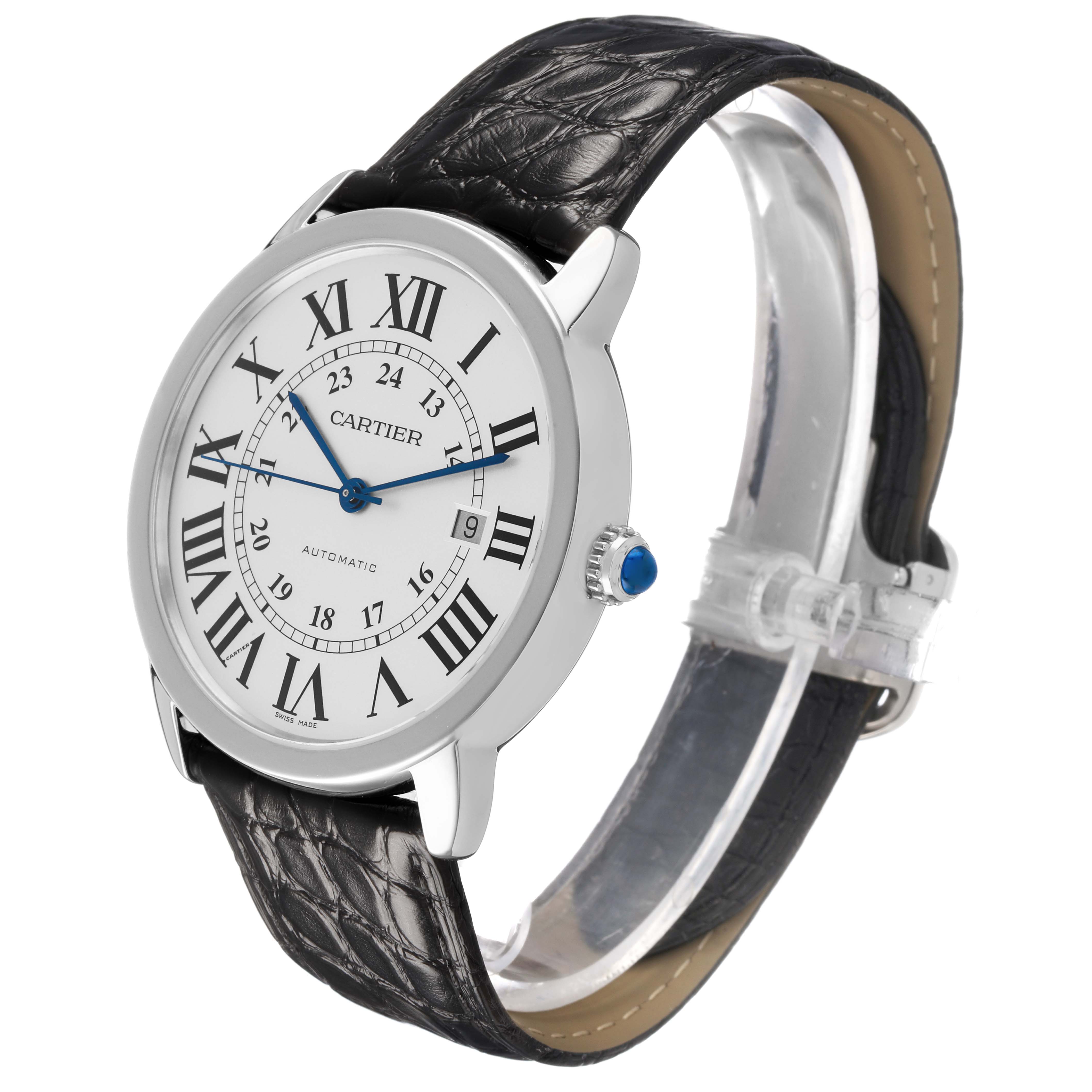 The Ronde model by Cartier is shown at an angled front view, displaying the dial, Roman numerals, blue hands, and leather strap.