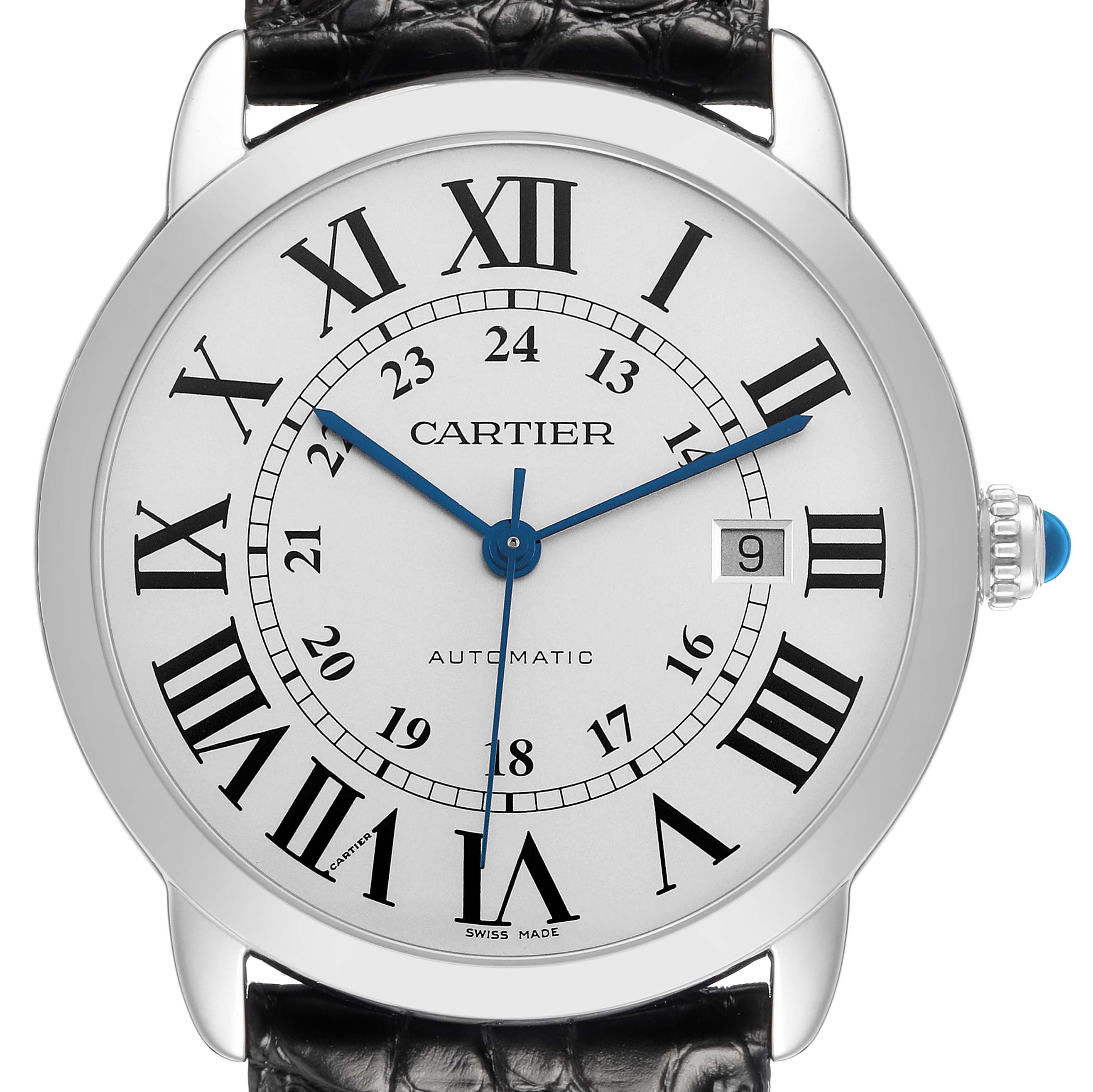 The Cartier Ronde W6701010 Men's Stainless Steel Silver Dial watch is shown from the front, displaying the dial, Roman numerals, hands, and date window.
