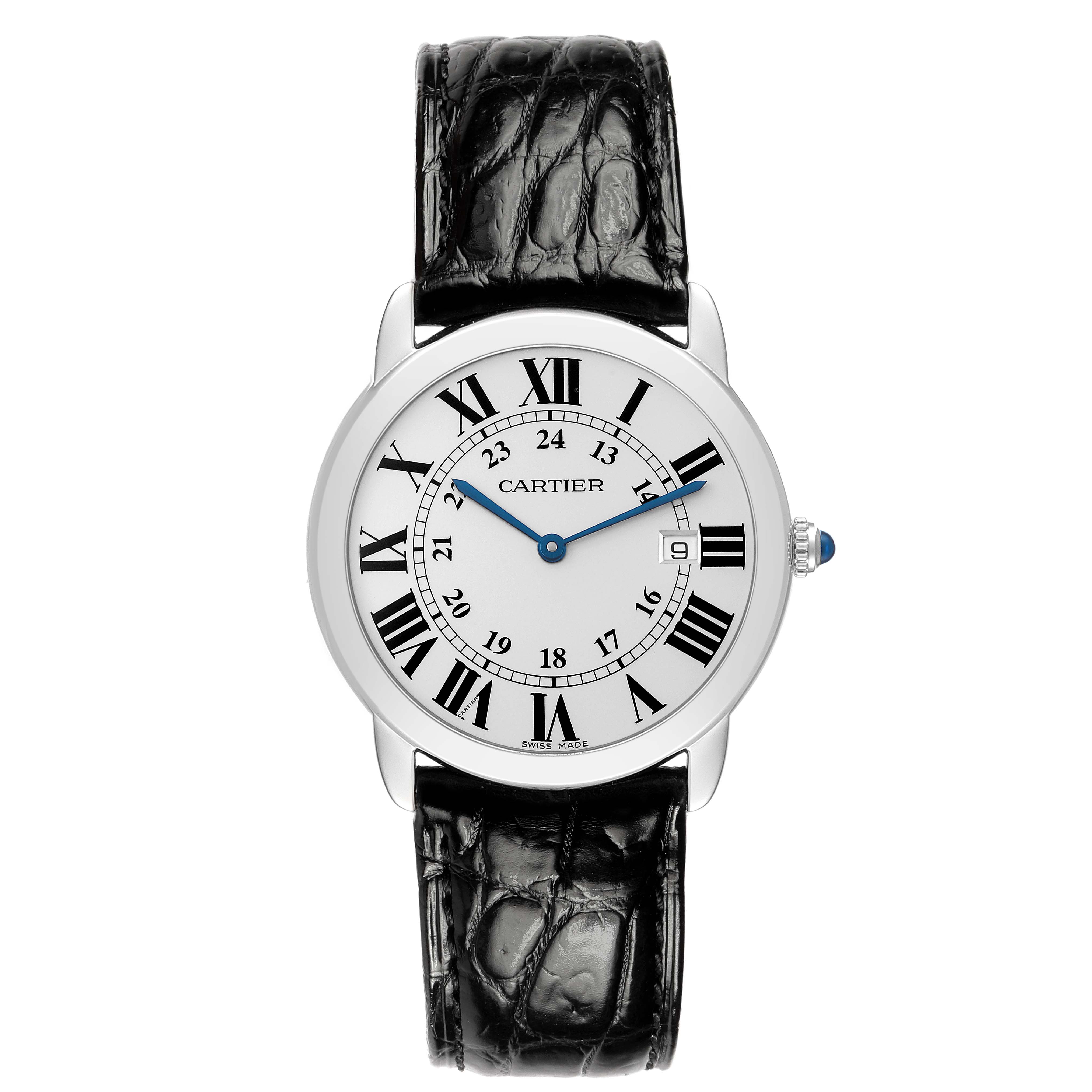 The Cartier Ronde W6701010 Men's Stainless Steel Silver Dial watch is shown from the front, displaying its dial, Roman numerals, blue hands, and black leather strap.