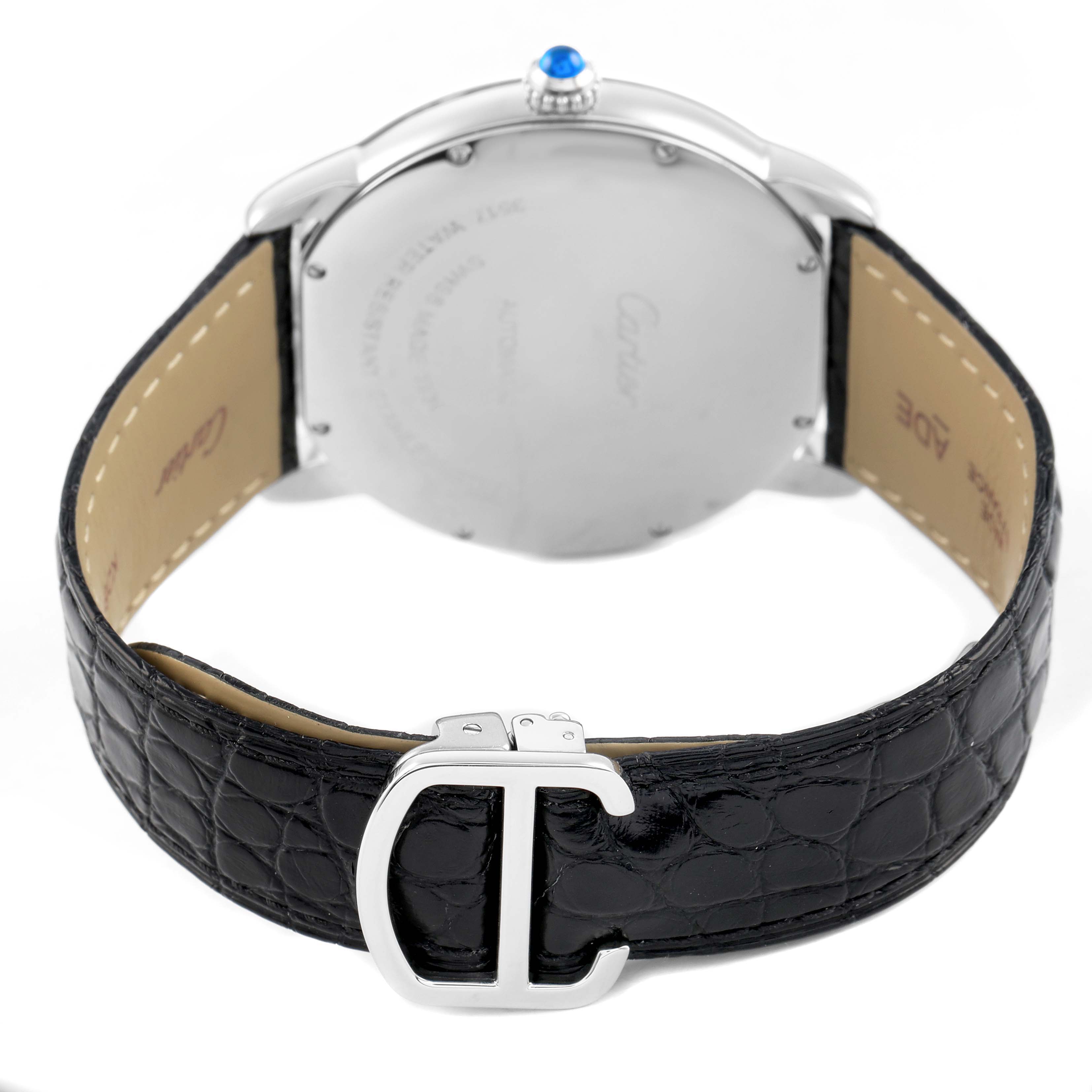 The Ronde model by Cartier is shown from the rear, displaying the case back, crown with a blue cabochon, and leather strap clasp.