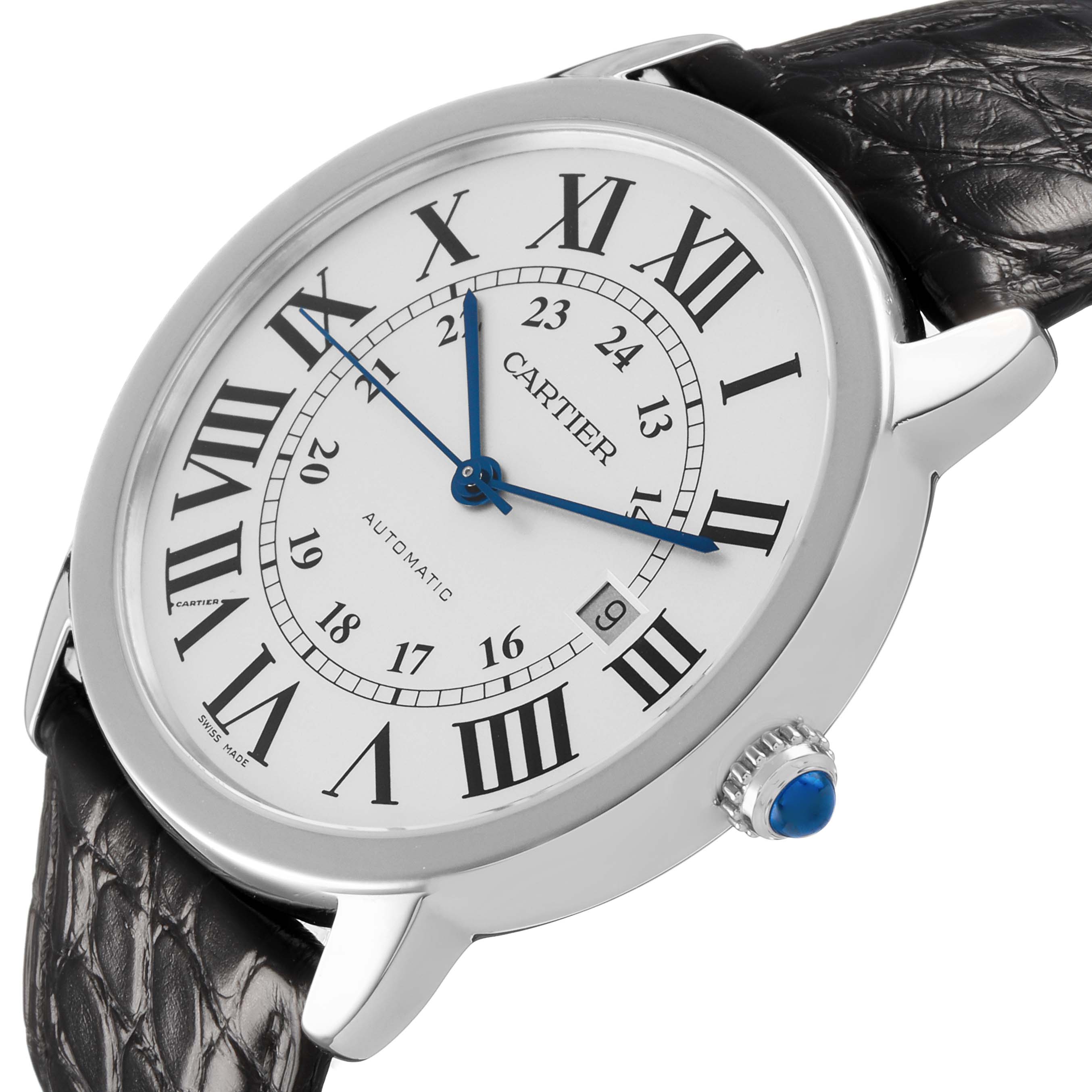 The Cartier Ronde W6701010 Men's Stainless Steel Silver Dial watch is shown from a slightly tilted angle, highlighting the dial, Roman numerals, crown, and leather strap.