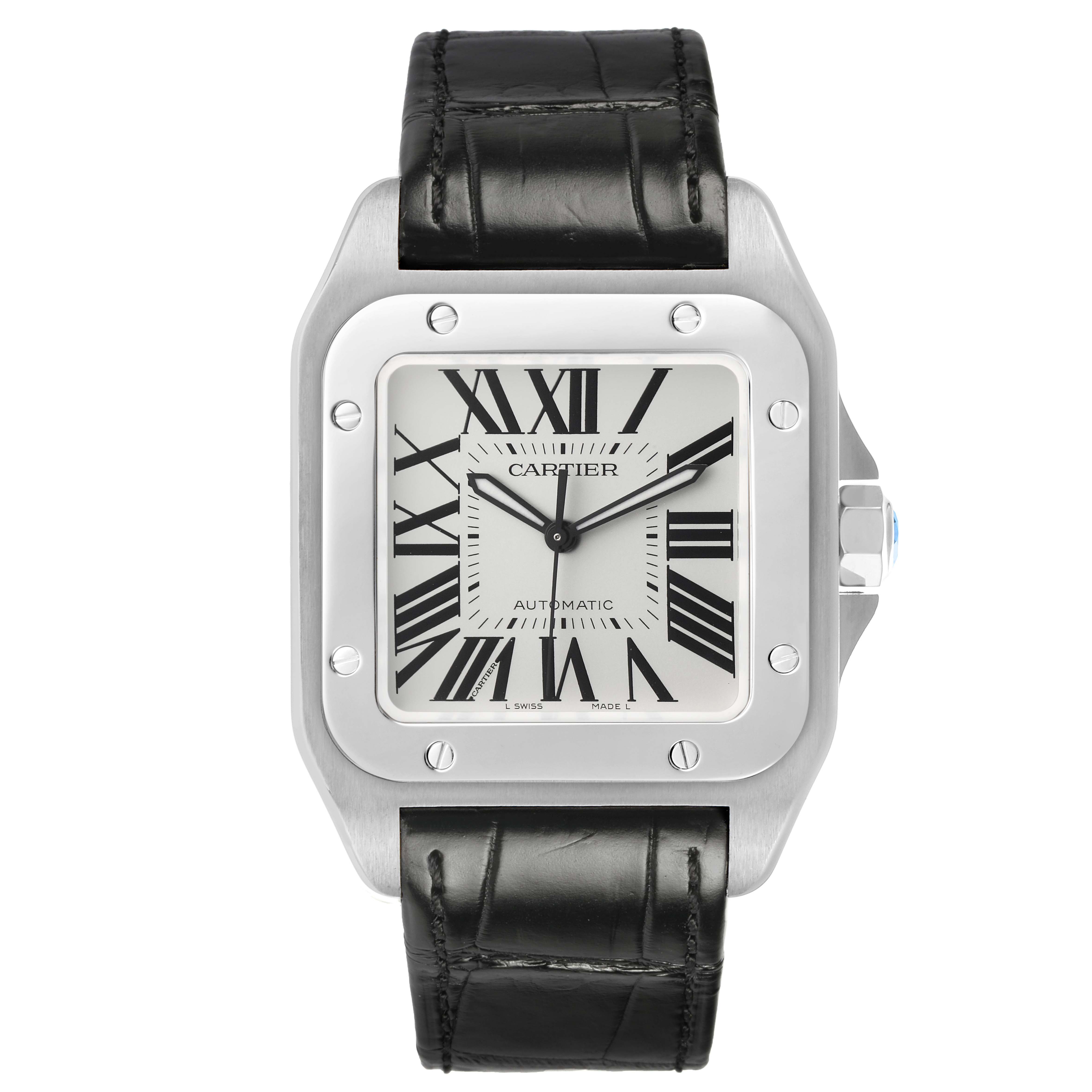 The Cartier Santos W20073X8 Men's Stainless Steel Silver Dial watch is shown from a front angle, highlighting the square face, Roman numerals, and black leather strap.
