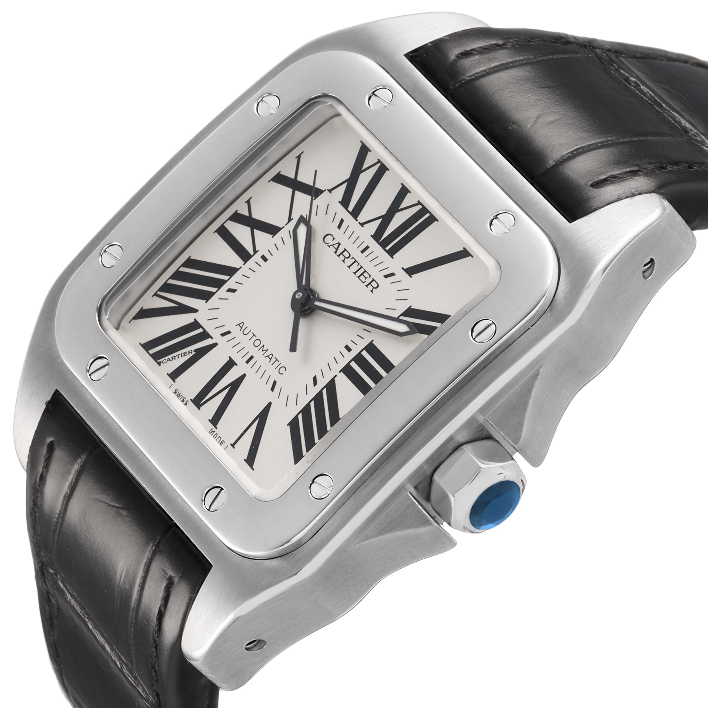 The Cartier Santos W20073X8 Men's Stainless Steel Silver Dial watch is shown from a side angle, highlighting the bezel, dial, crown, and leather strap.