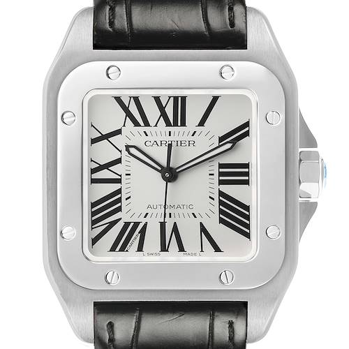 The image shows a close-up of the Cartier Santos W20073X8 Men's Stainless Steel Silver Dial watch face, bezel, and part of the leather strap.