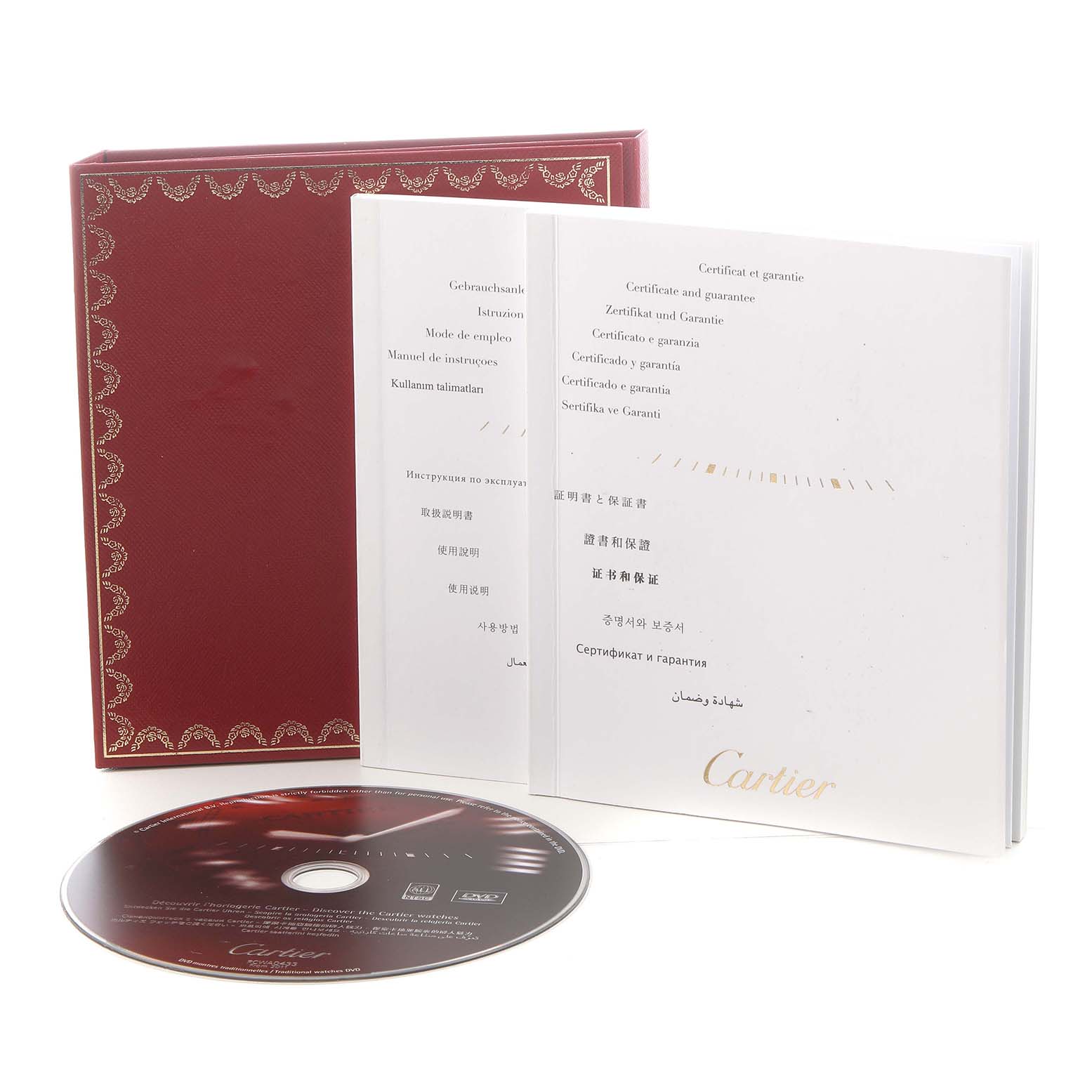 The image shows the Cartier Santos W20073X8 Men's Stainless Steel Silver Dial model's accessories, including a manual and a CD, along with a red outer box.