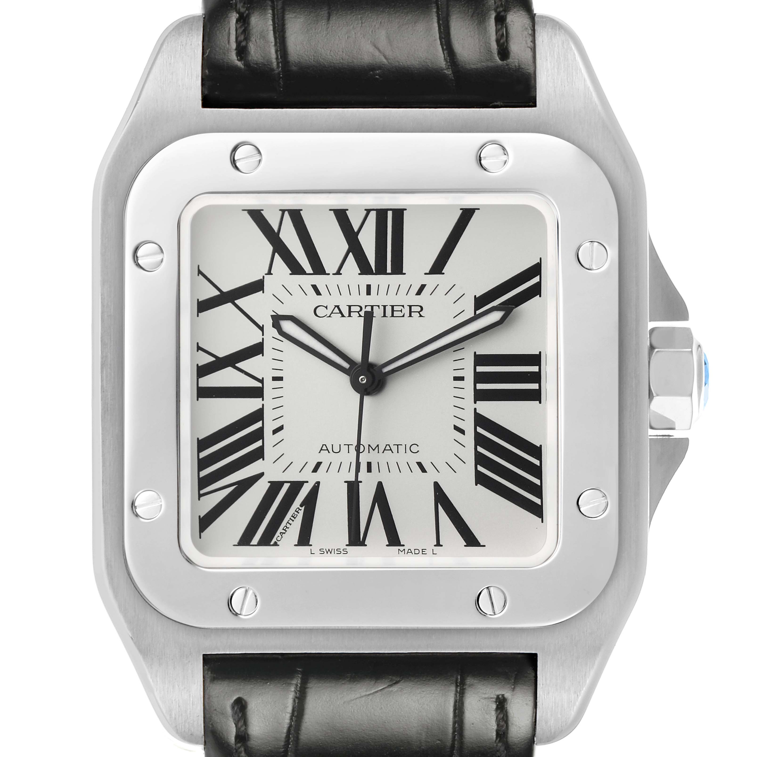The Cartier Santos W20073X8 Men's Stainless Steel Silver Dial watch is shown from the front, highlighting the face, bezel, and part of the strap.