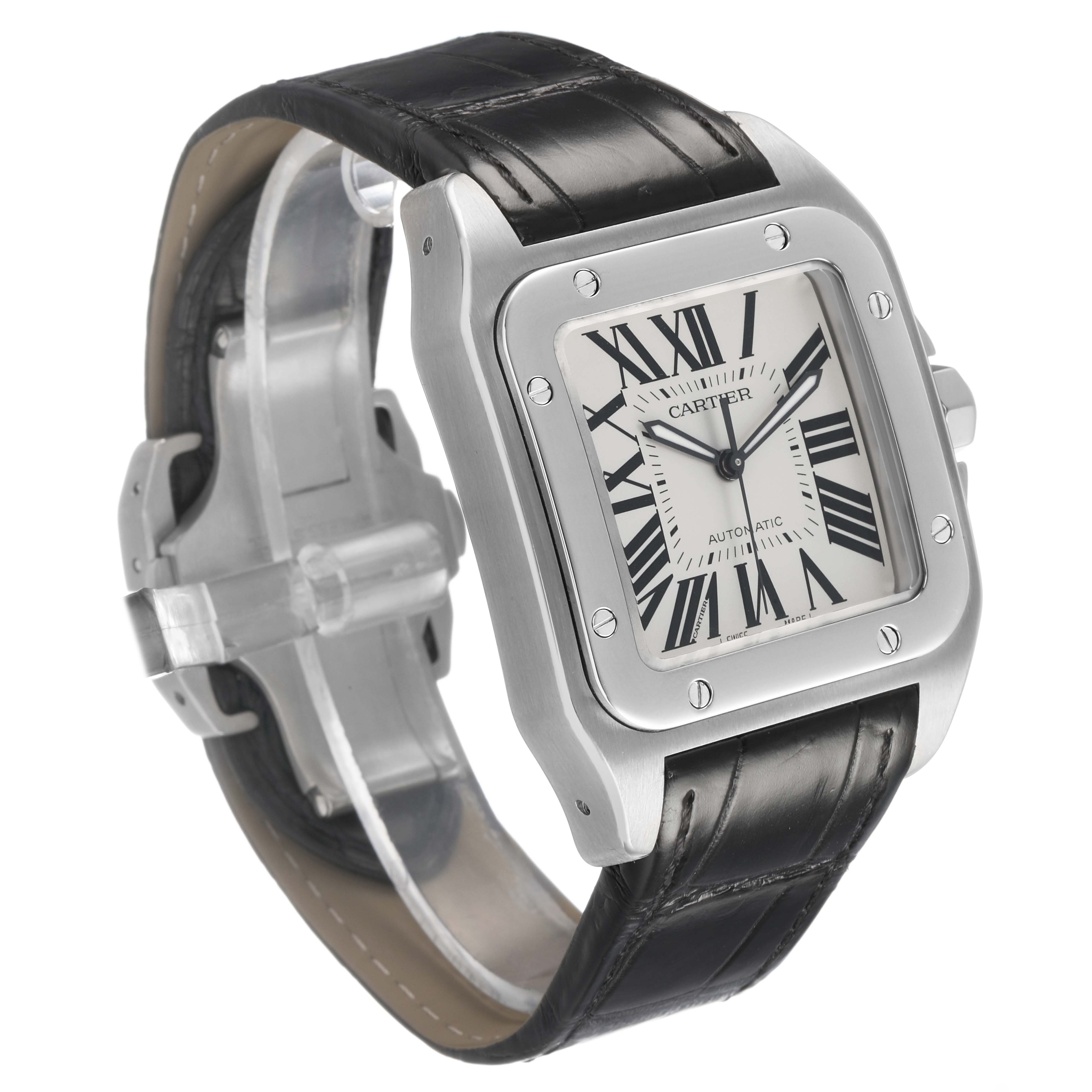 The image shows a Cartier Santos W20073X8 Men's Stainless Steel Silver Dial watch at a three-quarter angle, highlighting its face, bezel, and leather strap.